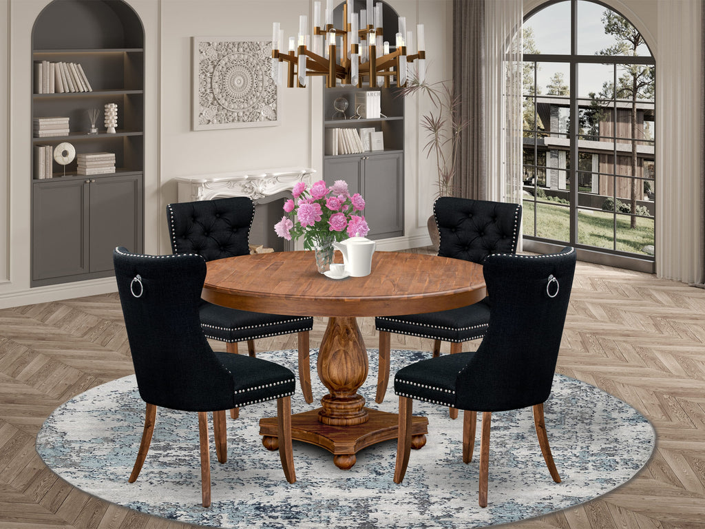 Luxe by East West Furniture F2DA5-50N-24 5-Piece Dining Table Set with Linen Fabric 4 Black Dining Room chairs, Button-Tufted Backs, and a 54"Round Table in Antique Walnut Finish.