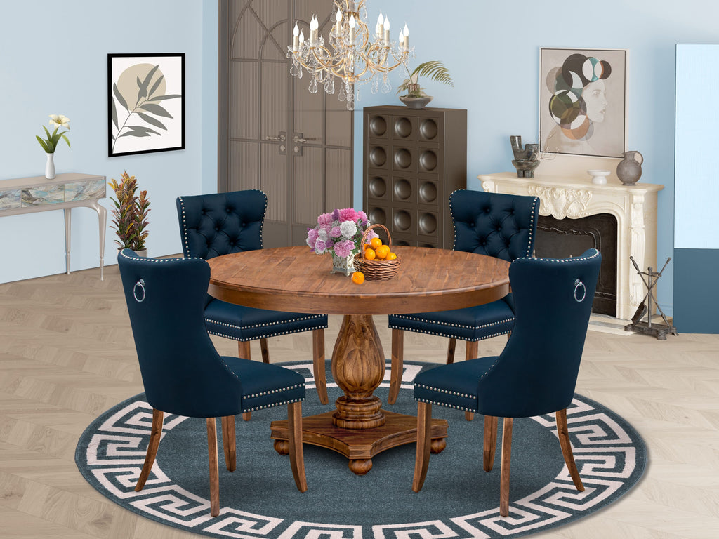 Luxe by East West Furniture F2DA5-50N-29 5-Pc Mid Century Dining Set Consist a Modern Kitchen Table and 4 Navy Blue Faux Leather Chairs with Button-Tufted Back, Antique Walnut
