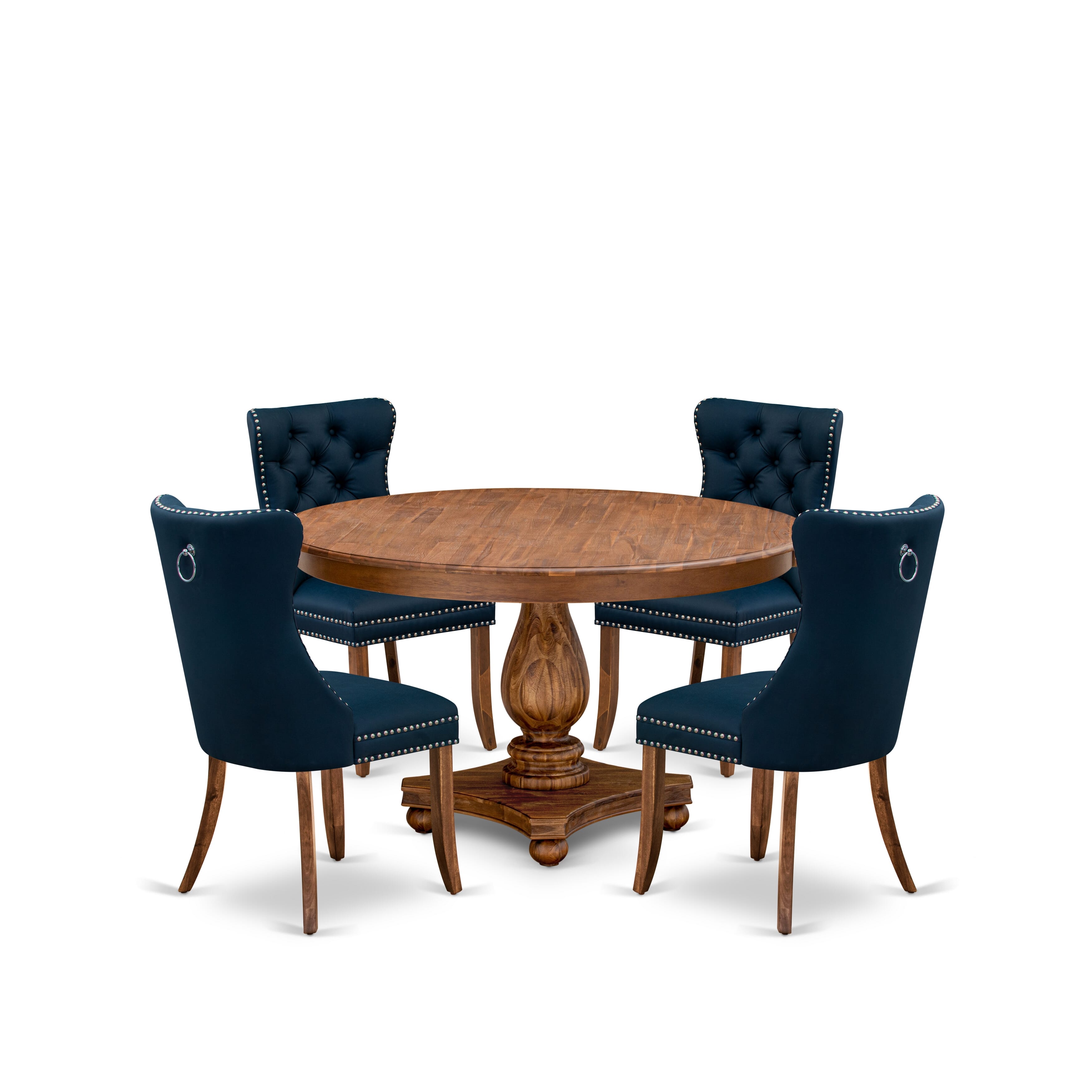 Luxe by East West Furniture F2DA5-50N-29 5-Pc Mid Century Dining Set Consist a Modern Kitchen Table and 4 Navy Blue Faux Leather Chairs with Button-Tufted Back, Antique Walnut