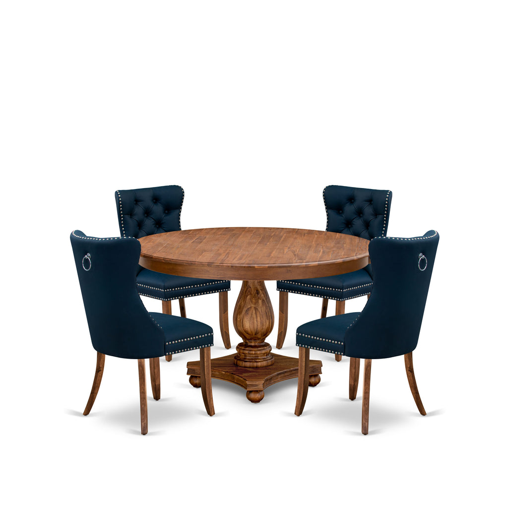 Luxe by East West Furniture F2DA5-50N-29 5-Pc Mid Century Dining Set Consist a Modern Kitchen Table and 4 Navy Blue Faux Leather Chairs with Button-Tufted Back, Antique Walnut