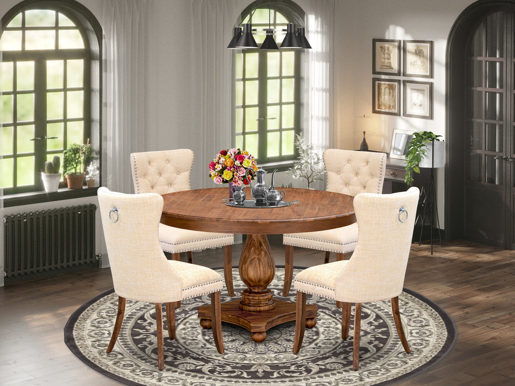 Luxe by East West Furniture F2DA5-50N-32 5-Piece Kitchen Table Set with Linen Fabric 4 Light Beige Dining Room chairs, Button-Tufted Backs, and a 54"Round Table in Antique Walnut Finish.