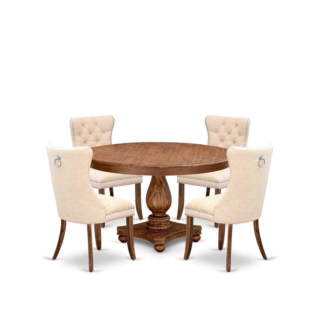 Luxe by East West Furniture F2DA5-50N-32 5-Piece Kitchen Table Set with Linen Fabric 4 Light Beige Dining Room chairs, Button-Tufted Backs, and a 54"Round Table in Antique Walnut Finish.