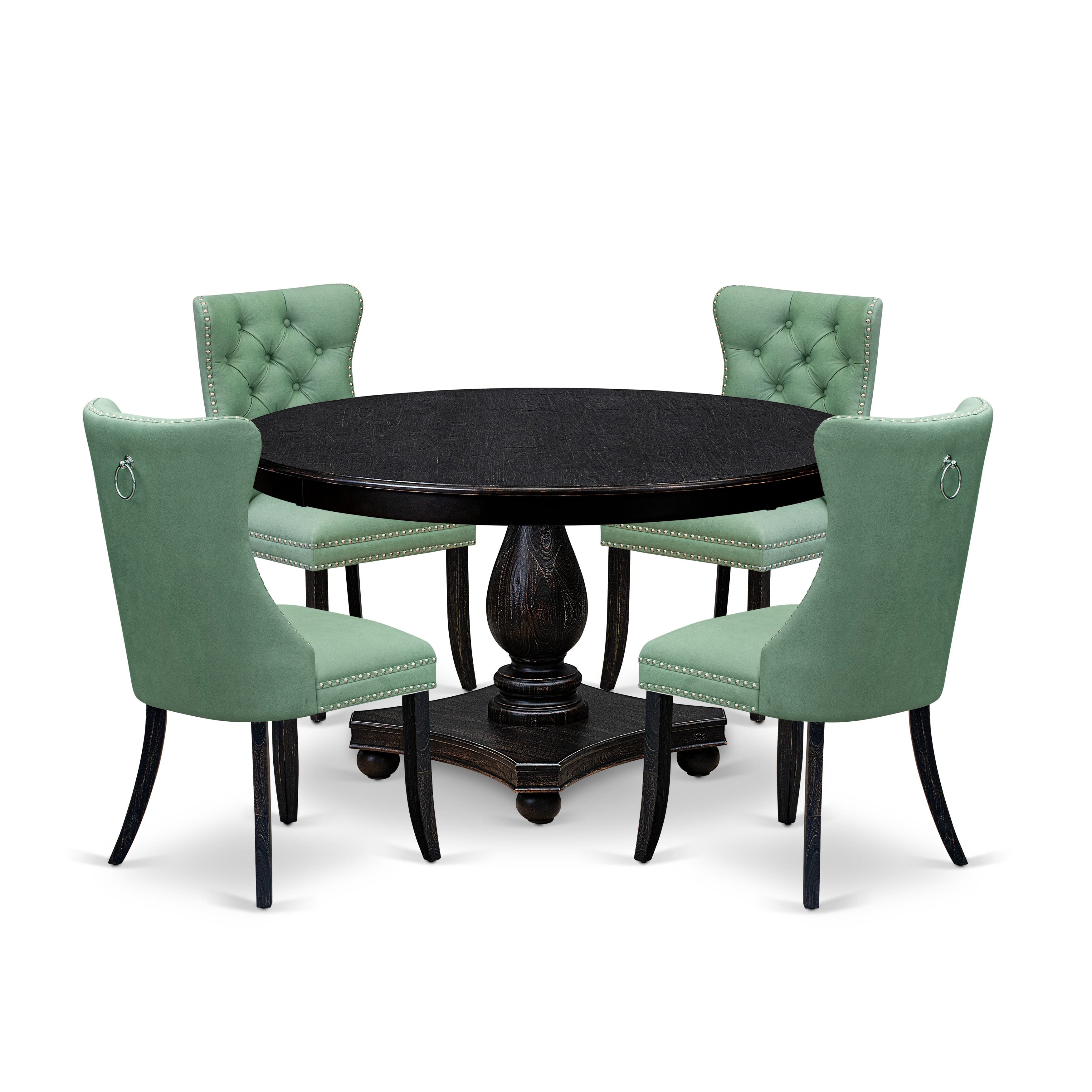 Luxe by East West Furniture F2DA5-511-22 5 Piece Dining Set Consists of a 54" Round Table with Pedestal and 4 Willow Green Faux Leather Upholstered Chairs, Sand Blasted Black