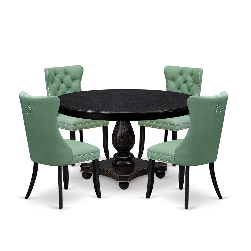 Luxe by East West Furniture F2DA5-511-22 5 Piece Dining Set Consists of a 54" Round Table with Pedestal and 4 Willow Green Faux Leather Upholstered Chairs, Sand Blasted Black
