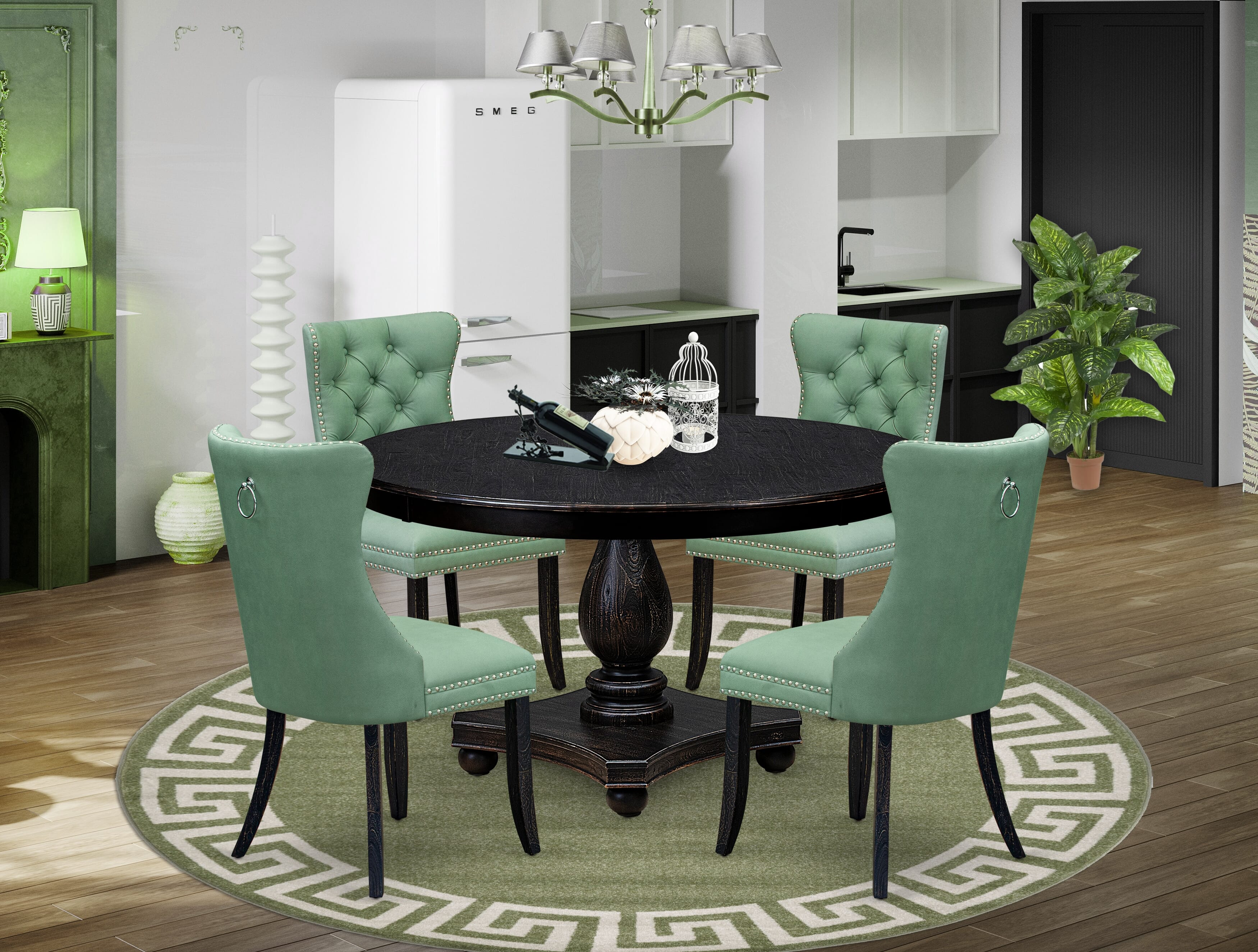 Luxe by East West Furniture F2DA5-511-22 5 Piece Dining Set Consists of a 54" Round Table with Pedestal and 4 Willow Green Faux Leather Upholstered Chairs, Sand Blasted Black