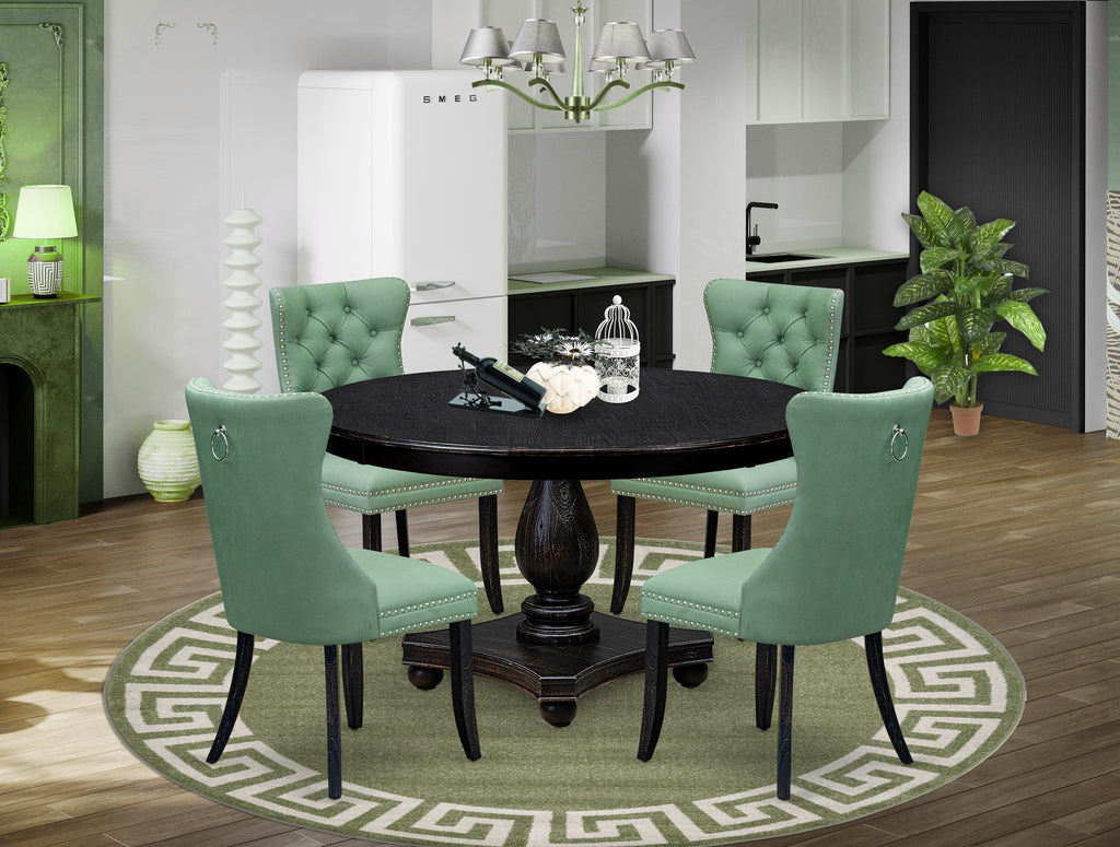 Luxe by East West Furniture F2DA5-511-22 5 Piece Dining Set Consists of a 54" Round Table with Pedestal and 4 Willow Green Faux Leather Upholstered Chairs, Sand Blasted Black