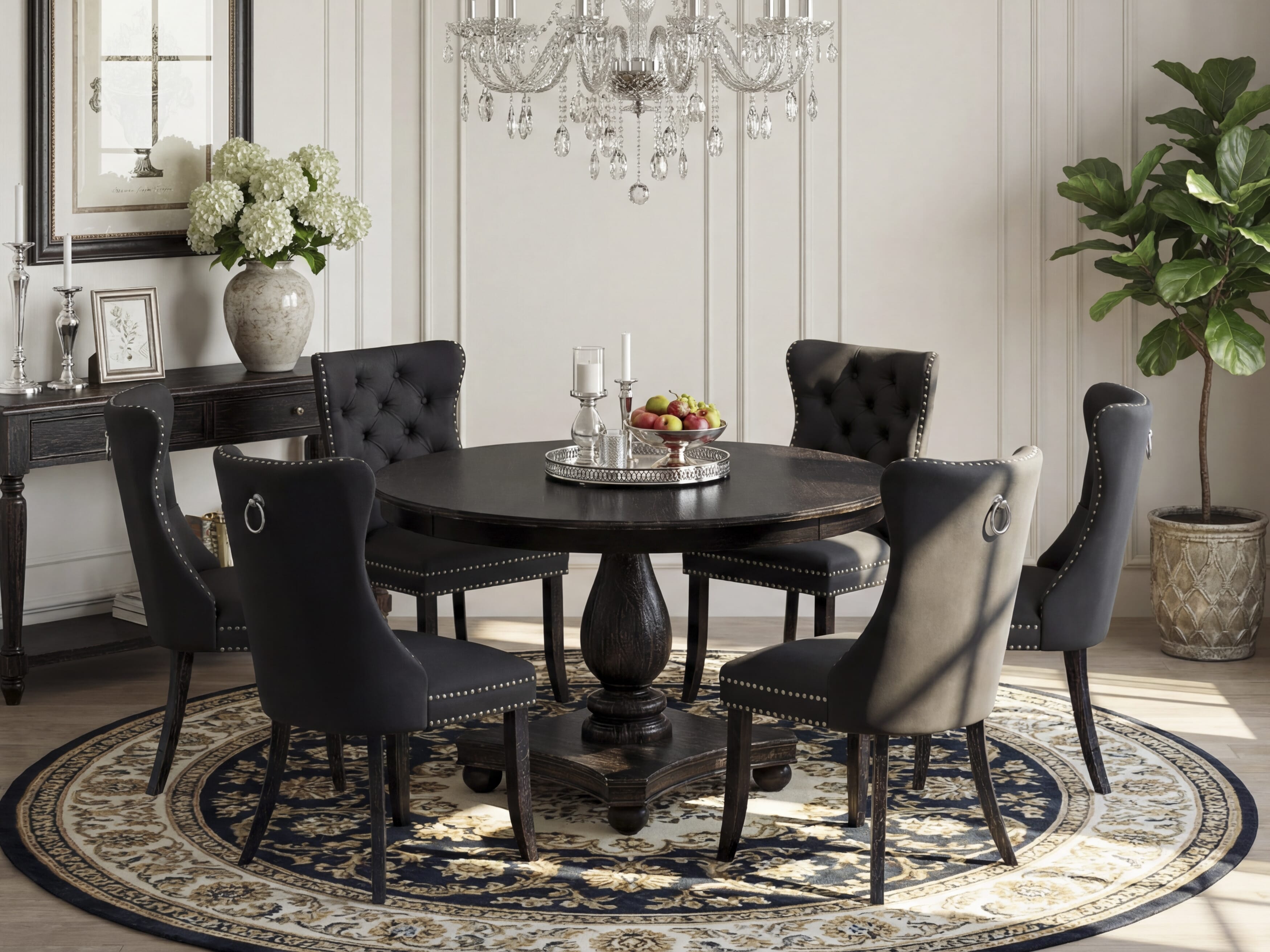 Luxe by East West Furniture F2DA7-411-12 7-Piece Dining Table Set with Faux Leather 6 Dark Gray dining chairs, Button-Tufted Backs, and a 48"Round Breakfast Table in Sand Blasted Black Finish.