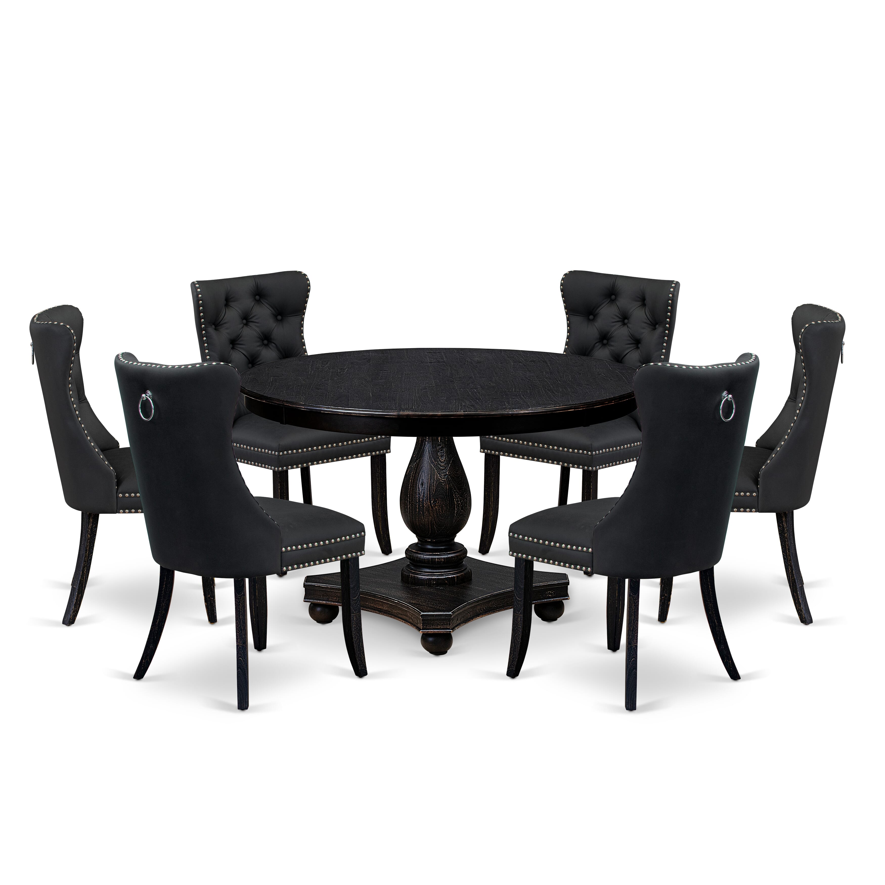 Luxe by East West Furniture F2DA7-411-12 7-Piece Dining Table Set with Faux Leather 6 Dark Gray dining chairs, Button-Tufted Backs, and a 48"Round Breakfast Table in Sand Blasted Black Finish.