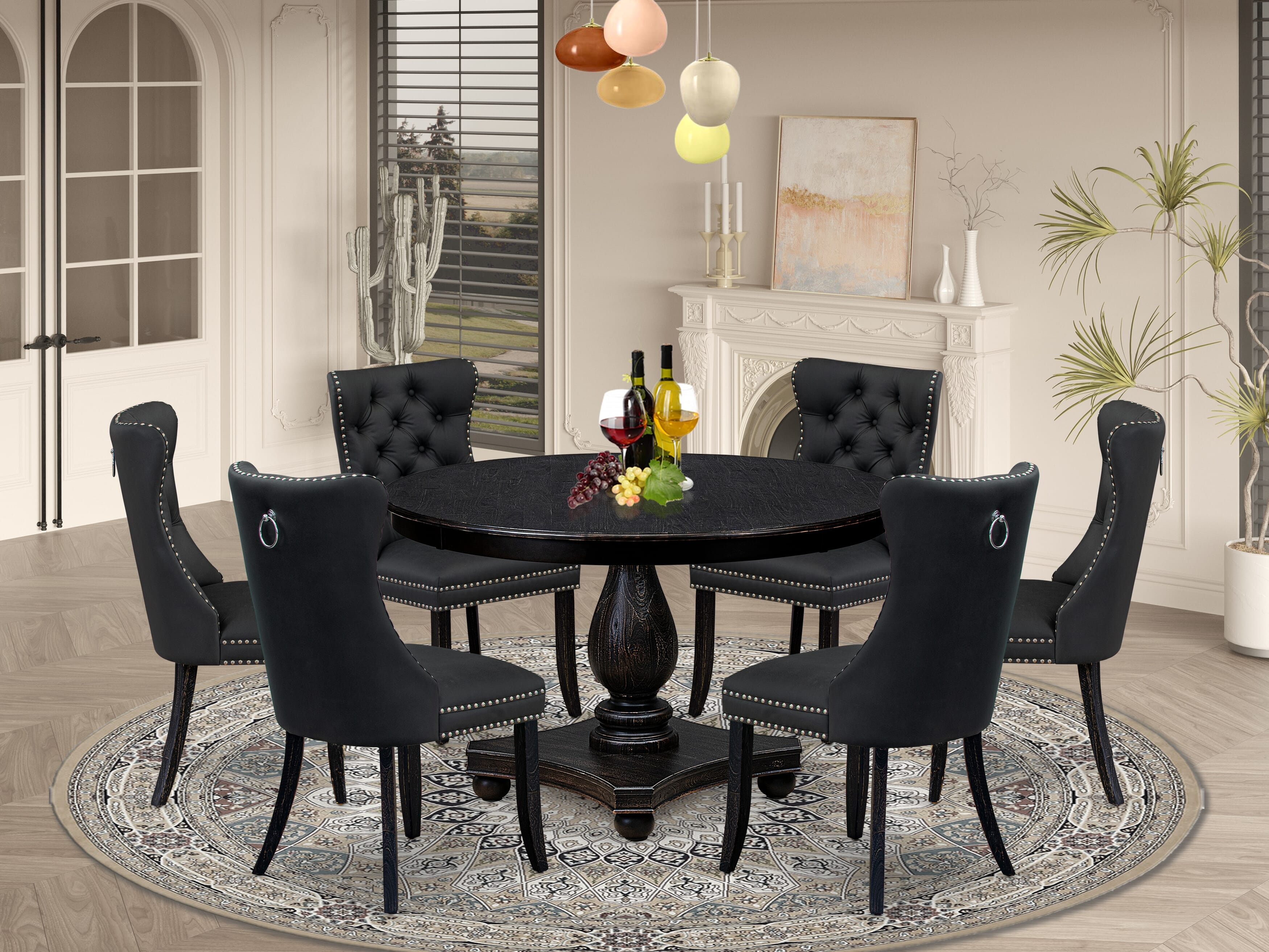 Luxe by East West Furniture F2DA7-411-12 7-Piece Dining Table Set with Faux Leather 6 Dark Gray dining chairs, Button-Tufted Backs, and a 48"Round Breakfast Table in Sand Blasted Black Finish.