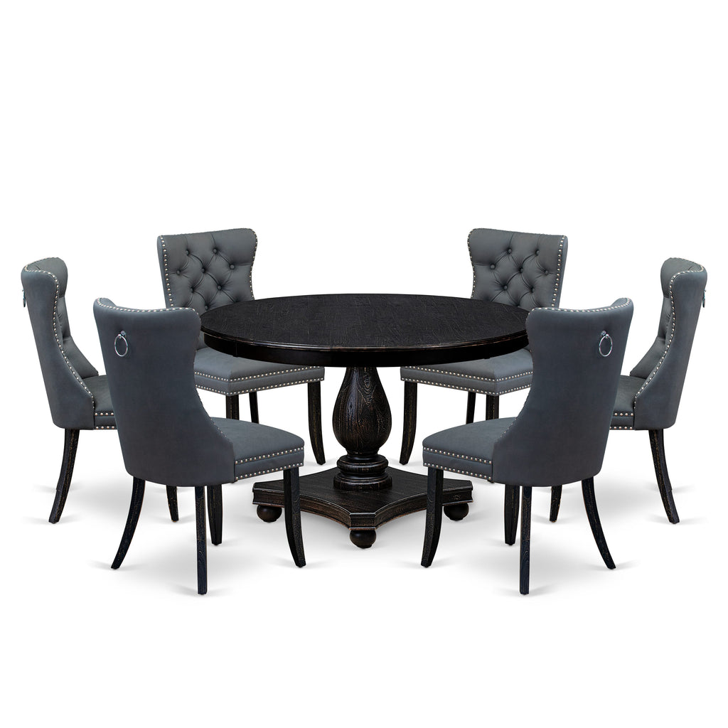 Luxe by East West Furniture F2DA7-411-13 7-piece Dining Table Set with Faux Leather 6 Platinum Gray dining room chairs, Button-Tufted Backs, and a 48"Round Breakfast Table in Sand Blasted Black Finish