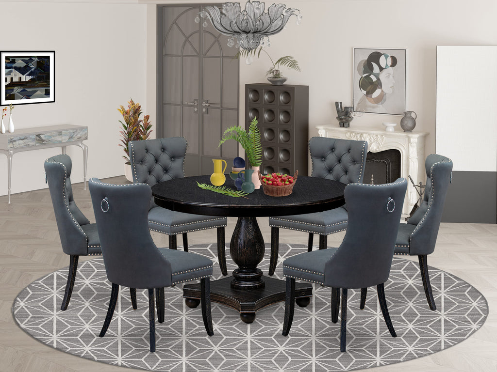 Luxe by East West Furniture F2DA7-411-13 7-piece Dining Table Set with Faux Leather 6 Platinum Gray dining room chairs, Button-Tufted Backs, and a 48"Round Breakfast Table in Sand Blasted Black Finish