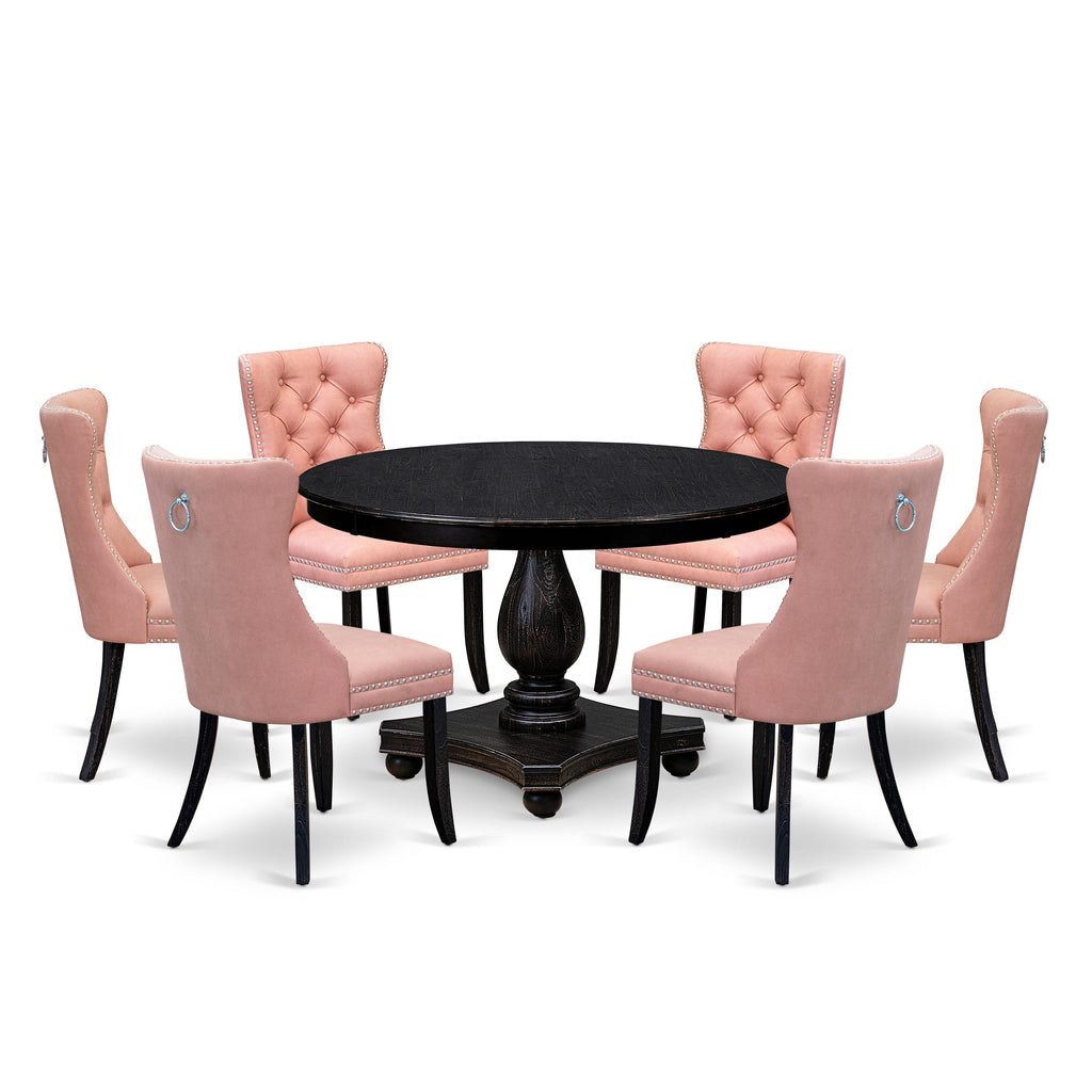 Luxe by East West Furniture F2DA7-411-23 7 Piece Dining Set Contains a 48" Round Kitchen Table with Pedestal and 6 Beige Red Faux Leather Parson Chairs, Sand Blasted Black
