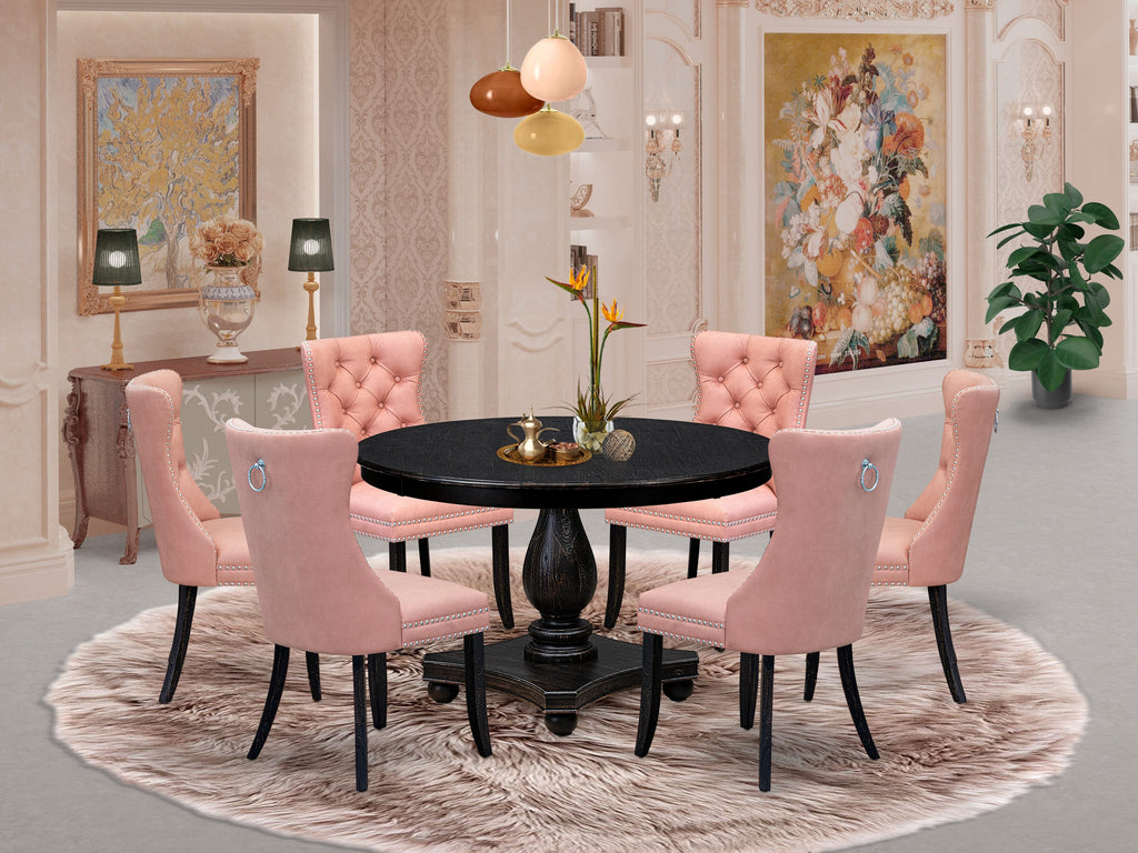 Luxe by East West Furniture F2DA7-411-23 7 Piece Dining Set Contains a 48" Round Kitchen Table with Pedestal and 6 Beige Red Faux Leather Parson Chairs, Sand Blasted Black