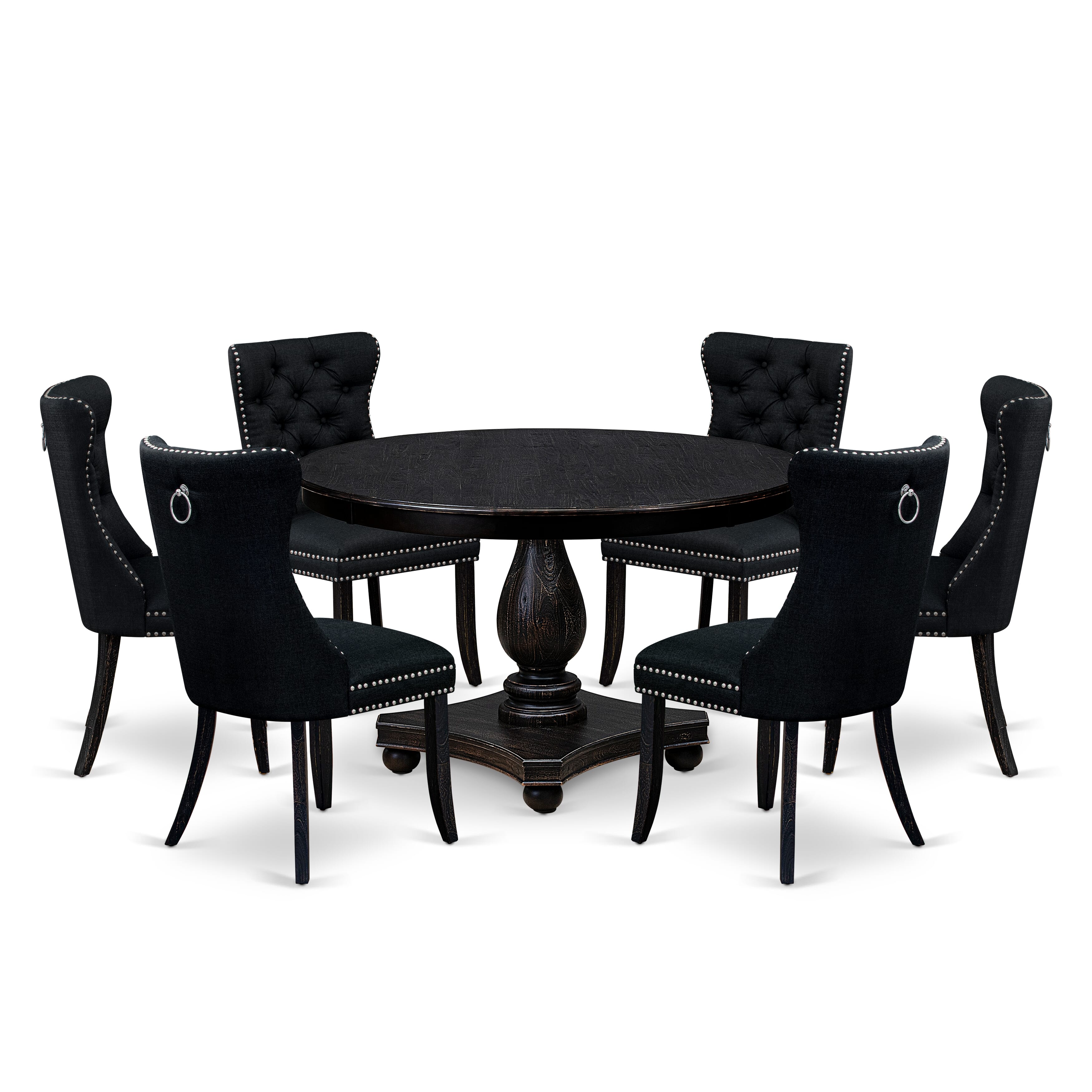 Luxe by East West Furniture F2DA7-411-24 7 Piece Kitchen Table Set Consists of a 48" Round Table with Pedestal and 6 Black Linen Fabric Upholstered Chairs, Sand Blasted Black