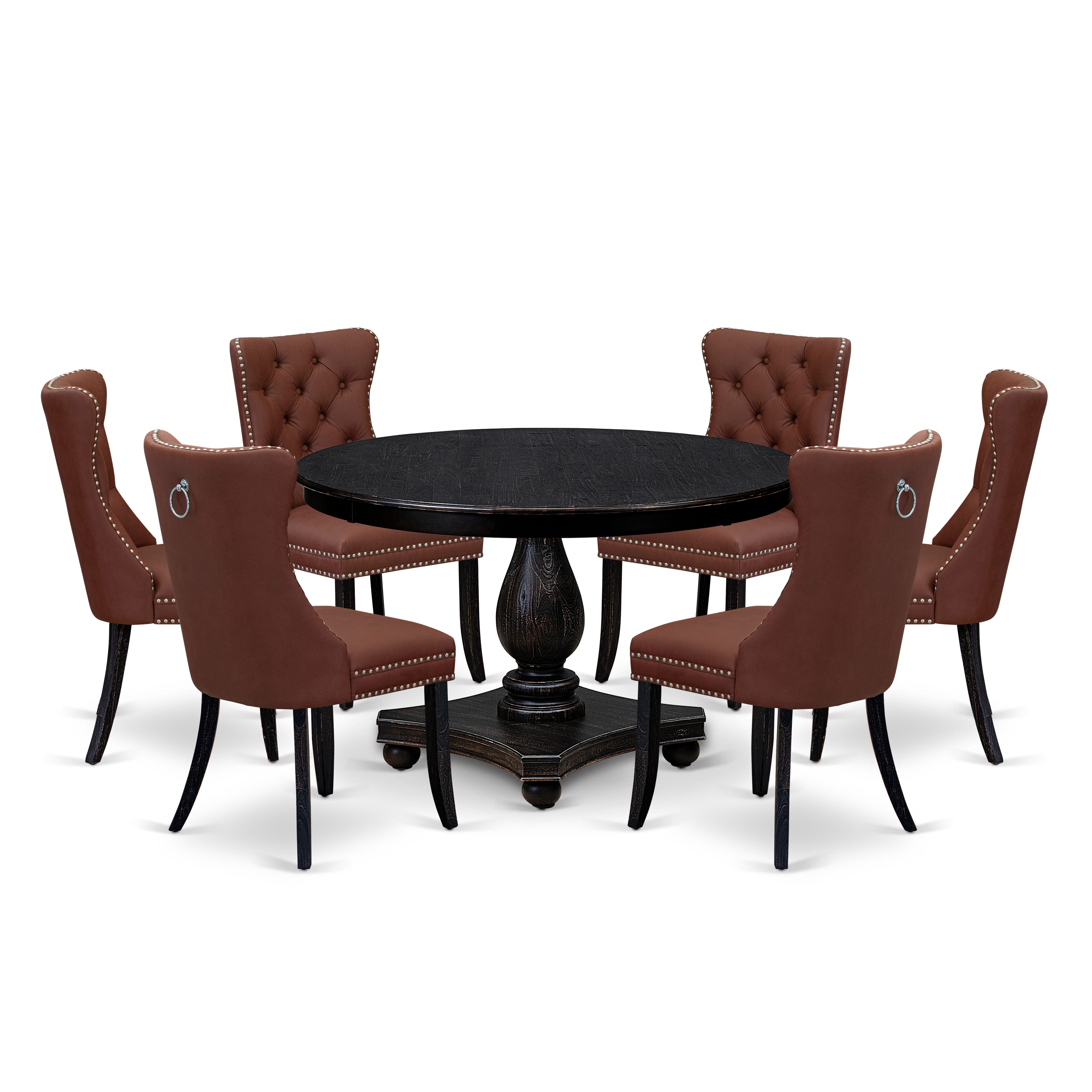 Luxe by East West Furniture F2DA7-411-26 7 Piece Dining Table Set Contains a 48" Round Table with Pedestal and 6 Burgundy Faux Leather Upholstered Chairs, Sand Blasted Black