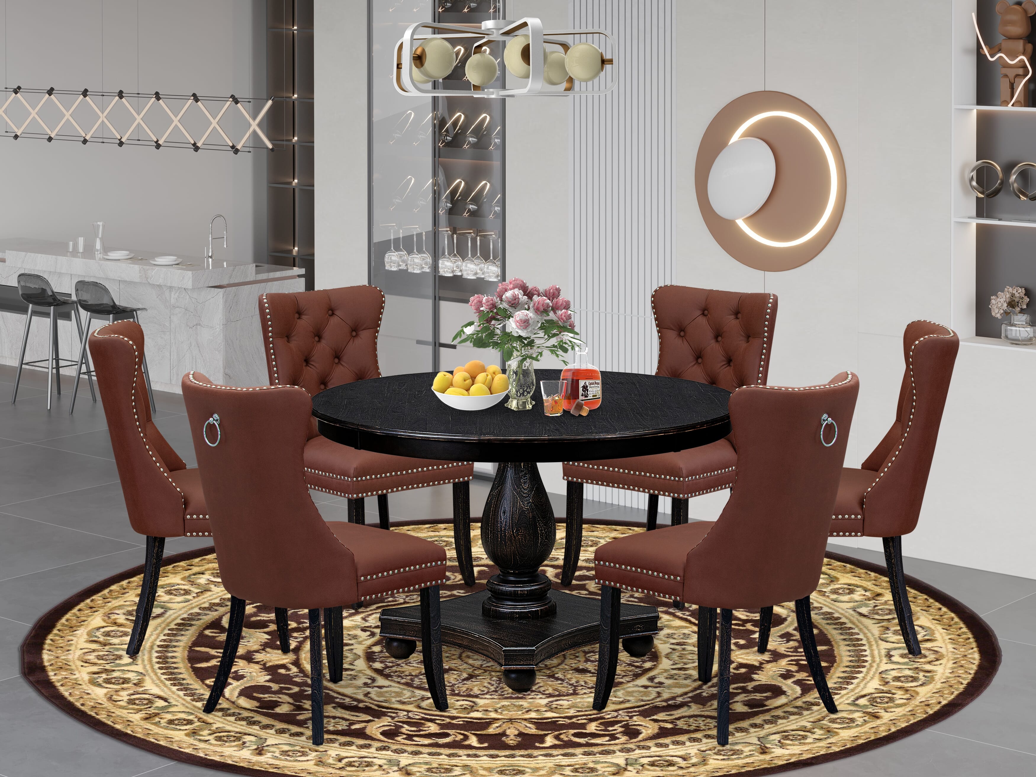Luxe by East West Furniture F2DA7-411-26 7 Piece Dining Table Set Contains a 48" Round Table with Pedestal and 6 Burgundy Faux Leather Upholstered Chairs, Sand Blasted Black