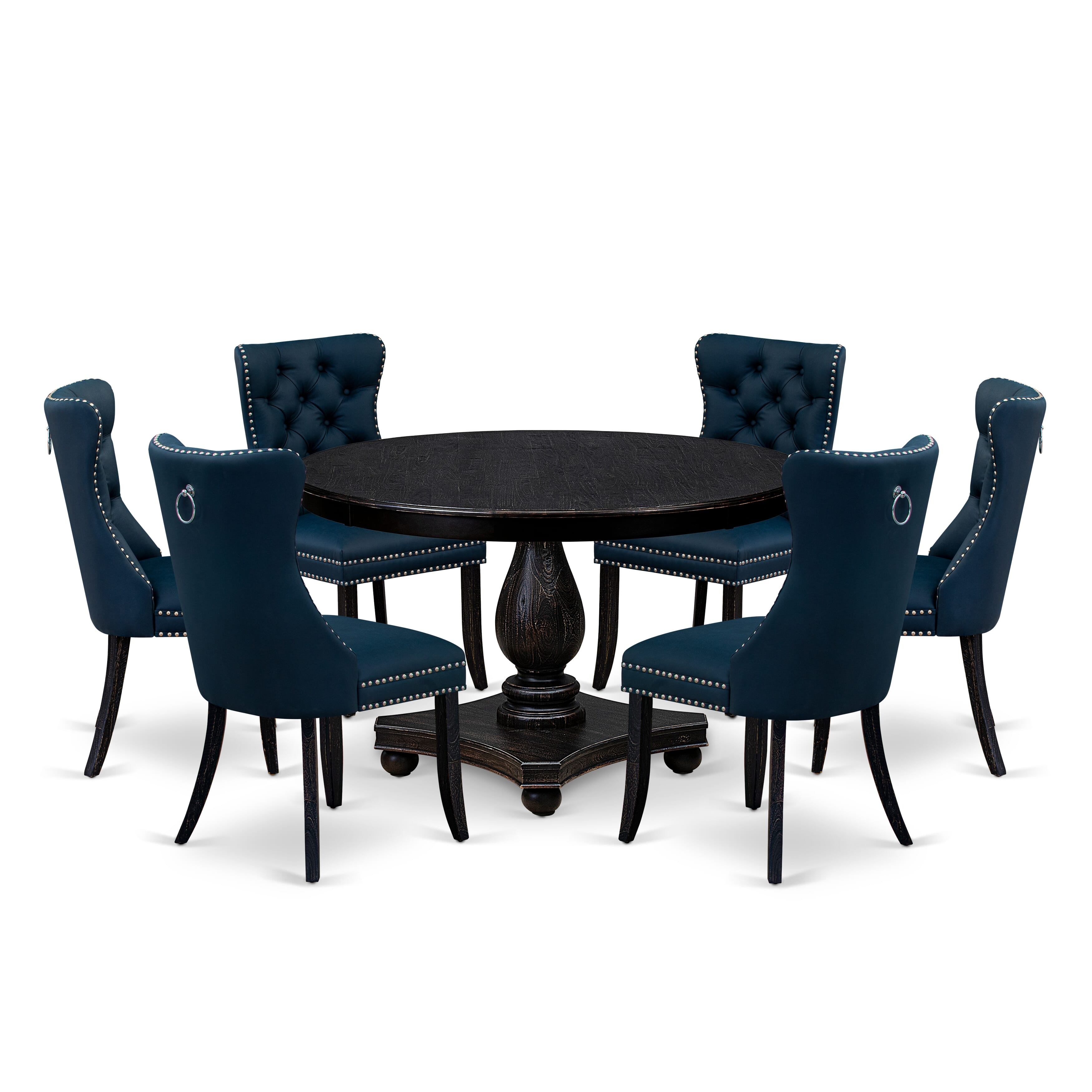 Luxe by East West Furniture F2DA7-411-29 7 Piece Dining Table Set Consists of a 48" Round Table with Pedestal and 6 Navy Blue Faux Leather Padded Chairs, Sand Blasted Black