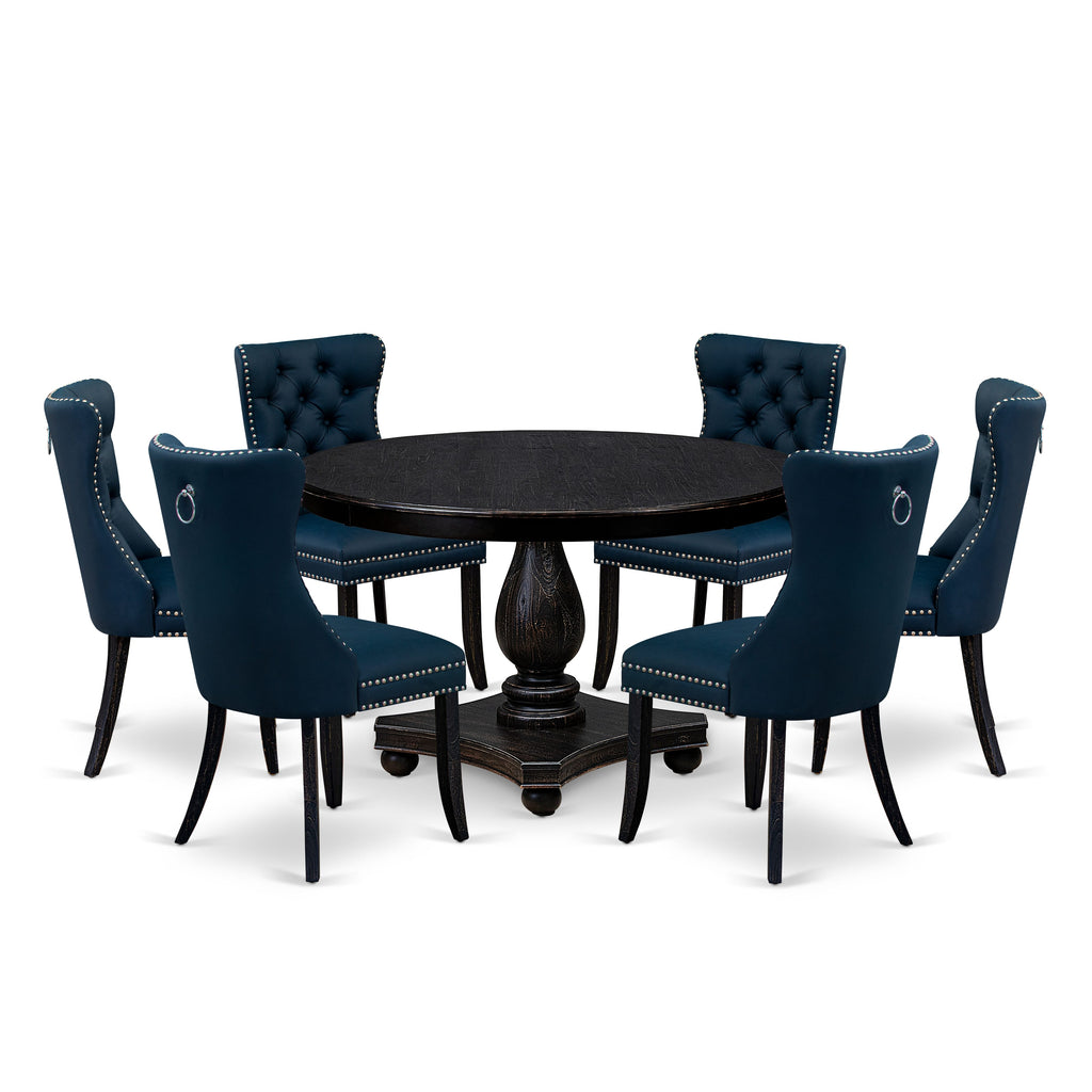 Luxe by East West Furniture F2DA7-411-29 7 Piece Dining Table Set Consists of a 48" Round Table with Pedestal and 6 Navy Blue Faux Leather Padded Chairs, Sand Blasted Black