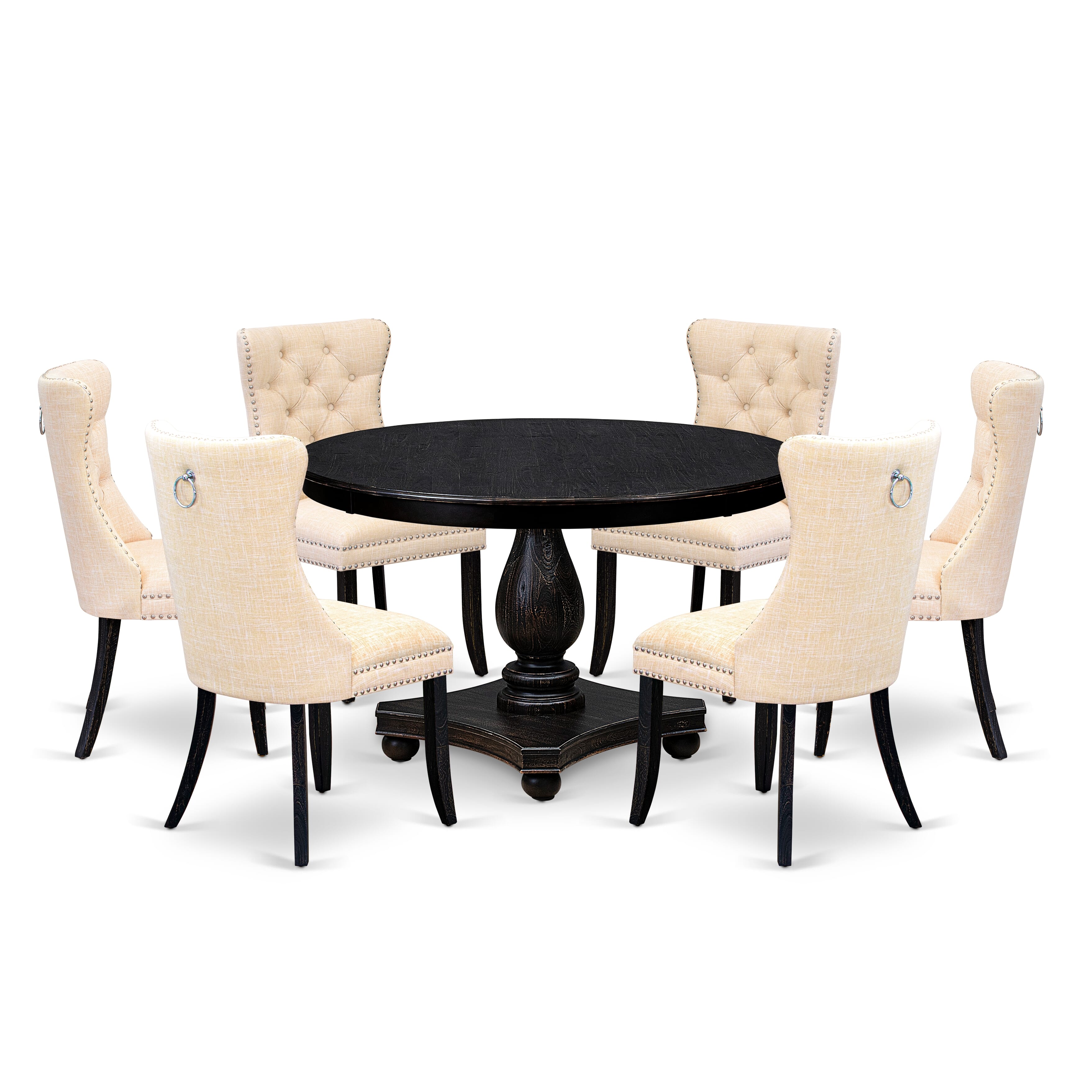Luxe by East West Furniture F2DA7-411-32 7-piece Dining Set included a wooden table and 6 Light Beige Linen Fabric dinning chairs with Button Tufted Back - Sand Blasted Black