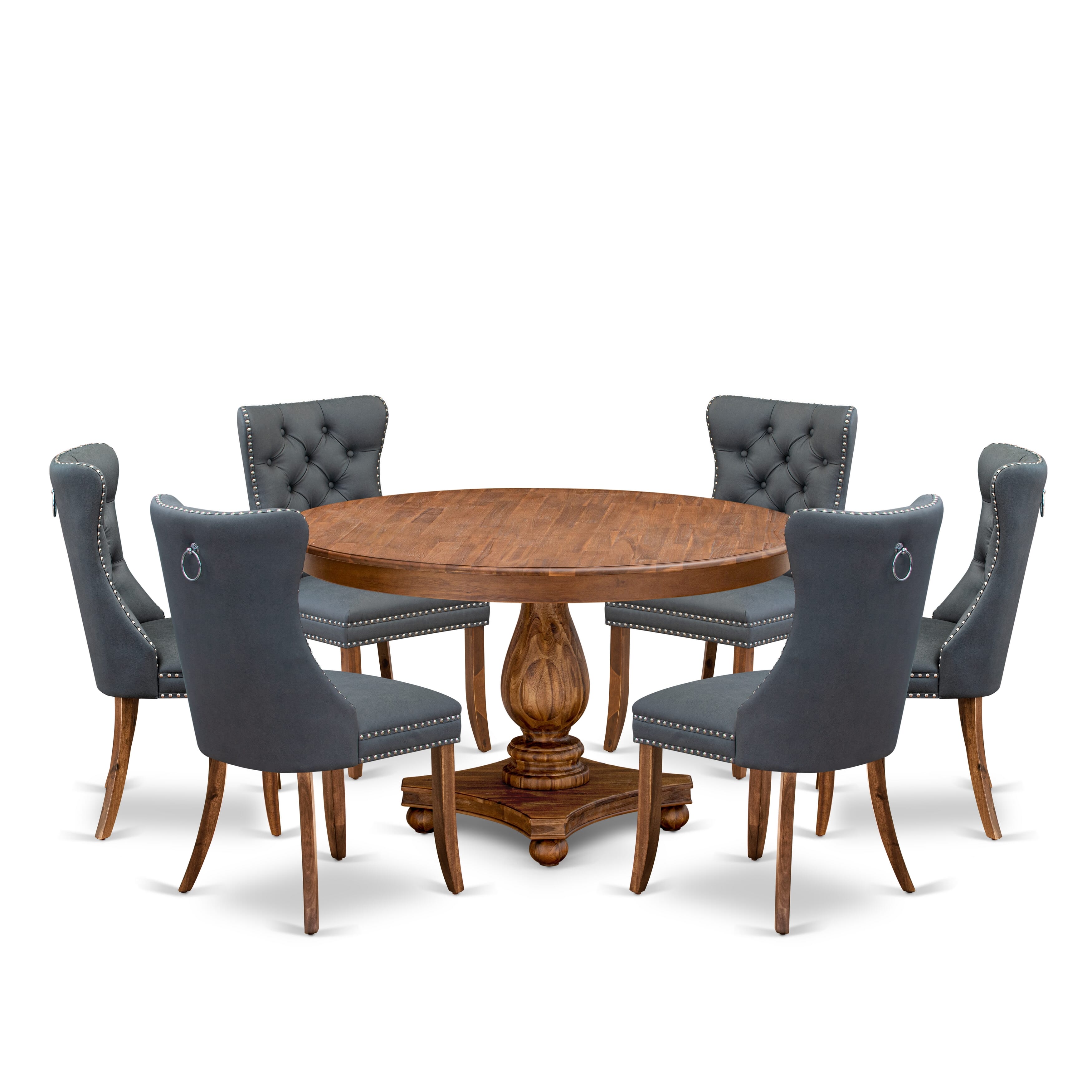 Luxe by East West Furniture F2DA7-50N-13 7-piece Modern Dining table set consists of a Kitchen Table and 6 Platinum Gray Faux Leather Dining Room Chairs with Button Tufted Back - Antique Walnut Finish
