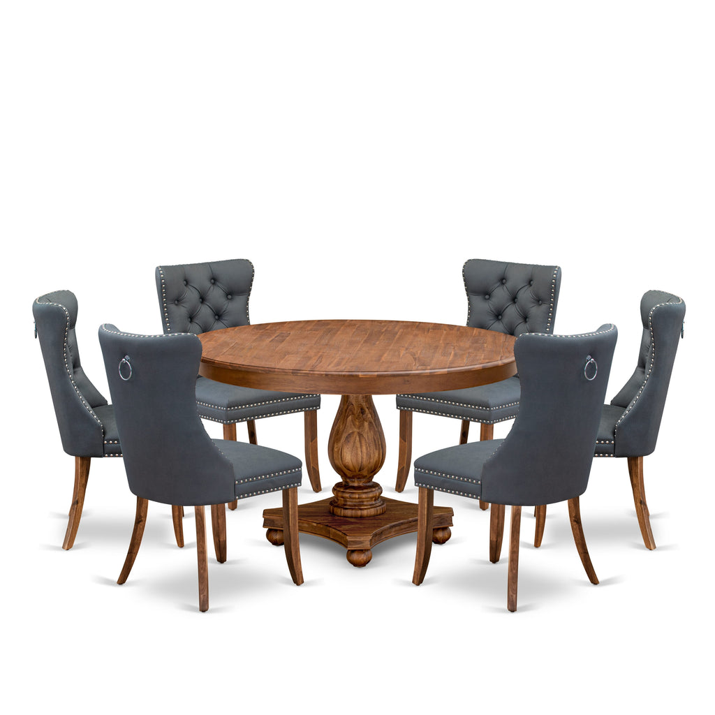 Luxe by East West Furniture F2DA7-50N-13 7-piece Modern Dining table set consists of a Kitchen Table and 6 Platinum Gray Faux Leather Dining Room Chairs with Button Tufted Back - Antique Walnut Finish