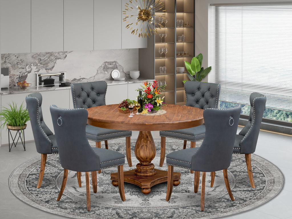 Luxe by East West Furniture F2DA7-50N-13 7-piece Modern Dining table set consists of a Kitchen Table and 6 Platinum Gray Faux Leather Dining Room Chairs with Button Tufted Back - Antique Walnut Finish