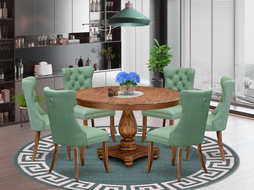 Luxe by East West Furniture F2DA7-50N-22 7-piece Kitchen table set included a Dining Table and 6 Willow Green Faux Leather Kitchen Chairs with Button Tufted Back - Antique Walnut Finish