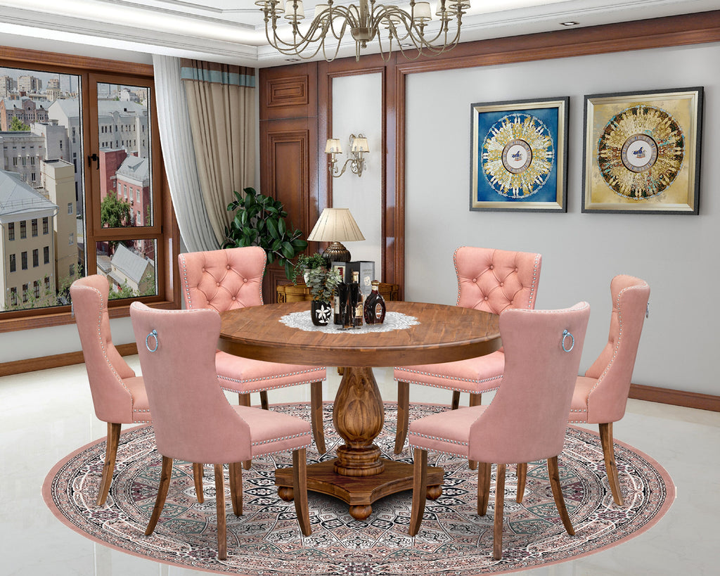 Luxe by East West Furniture F2DA7-50N-23 7-Pc Dinner Set Contain a Mid Century Table and 6 Beige Red Faux Leather Upholstered Chairs with Button-Tufted Back, Antique Walnut