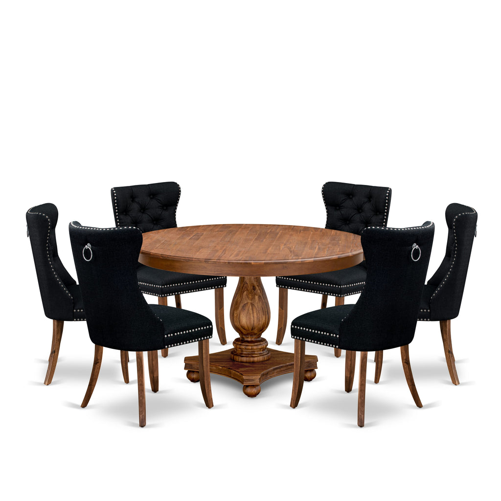 Luxe by East West Furniture F2DA7-50N-24 7-Piece Dining Set with Linen Fabric 6 Black upholstered chairs, Button-Tufted Backs, and a 54"Round Dining Table in Antique Walnut Finish.