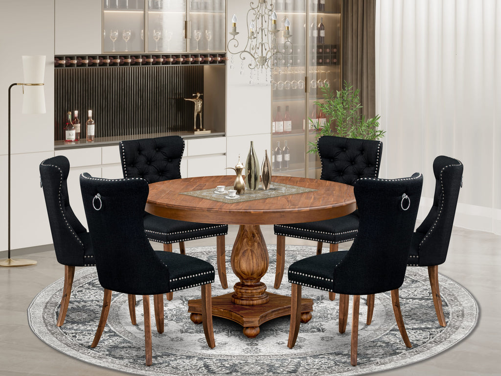 Luxe by East West Furniture F2DA7-50N-24 7-Piece Dining Set with Linen Fabric 6 Black upholstered chairs, Button-Tufted Backs, and a 54"Round Dining Table in Antique Walnut Finish.