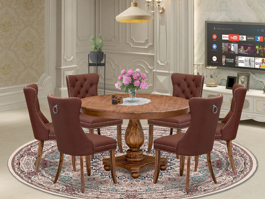 Luxe by East West Furniture F2DA7-50N-26 7-Pc Dining Set Contain a Mid Century Modern Table and 6 Burgundy Faux Leather Padded Chairs with Button-Tufted Back, Antique Walnut