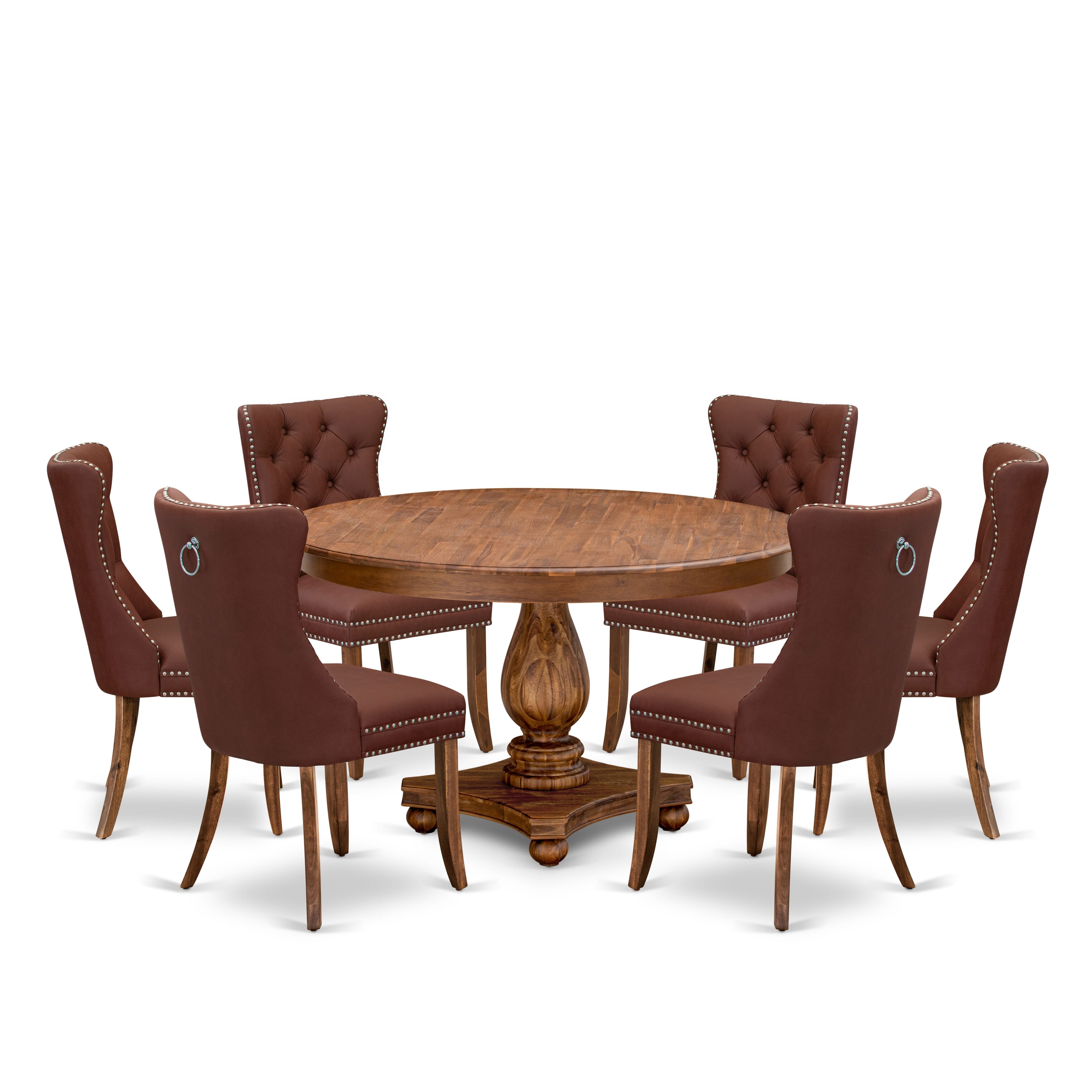 Luxe by East West Furniture F2DA7-50N-26 7-Pc Dining Set Contain a Mid Century Modern Table and 6 Burgundy Faux Leather Padded Chairs with Button-Tufted Back, Antique Walnut