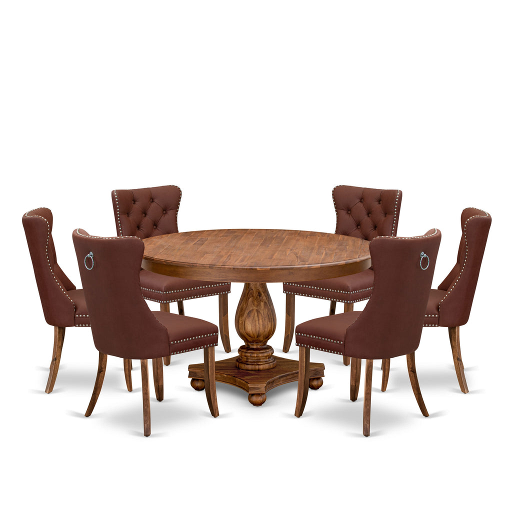 Luxe by East West Furniture F2DA7-50N-26 7-Pc Dining Set Contain a Mid Century Modern Table and 6 Burgundy Faux Leather Padded Chairs with Button-Tufted Back, Antique Walnut