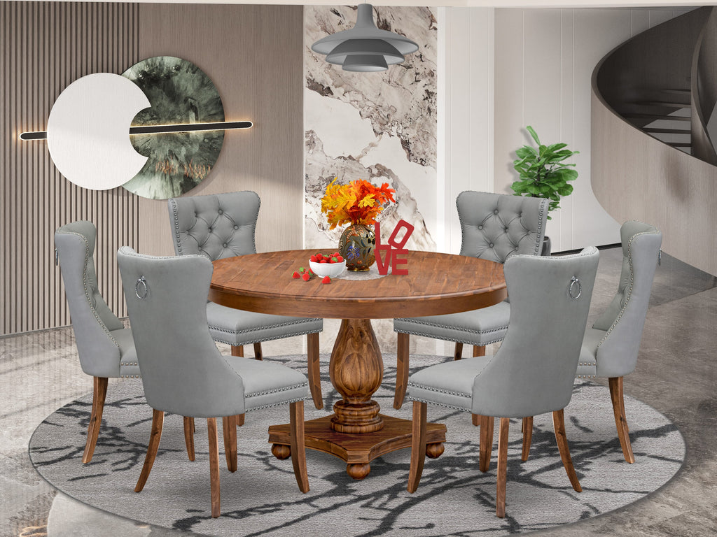 Luxe by East West Furniture F2DA7-50N-27 7-Pc Modern Dining Set Contain a Modern Table and 6 Light Gray Faux Leather Upholstered Chairs with Button-Tufted Back, Antique Walnut