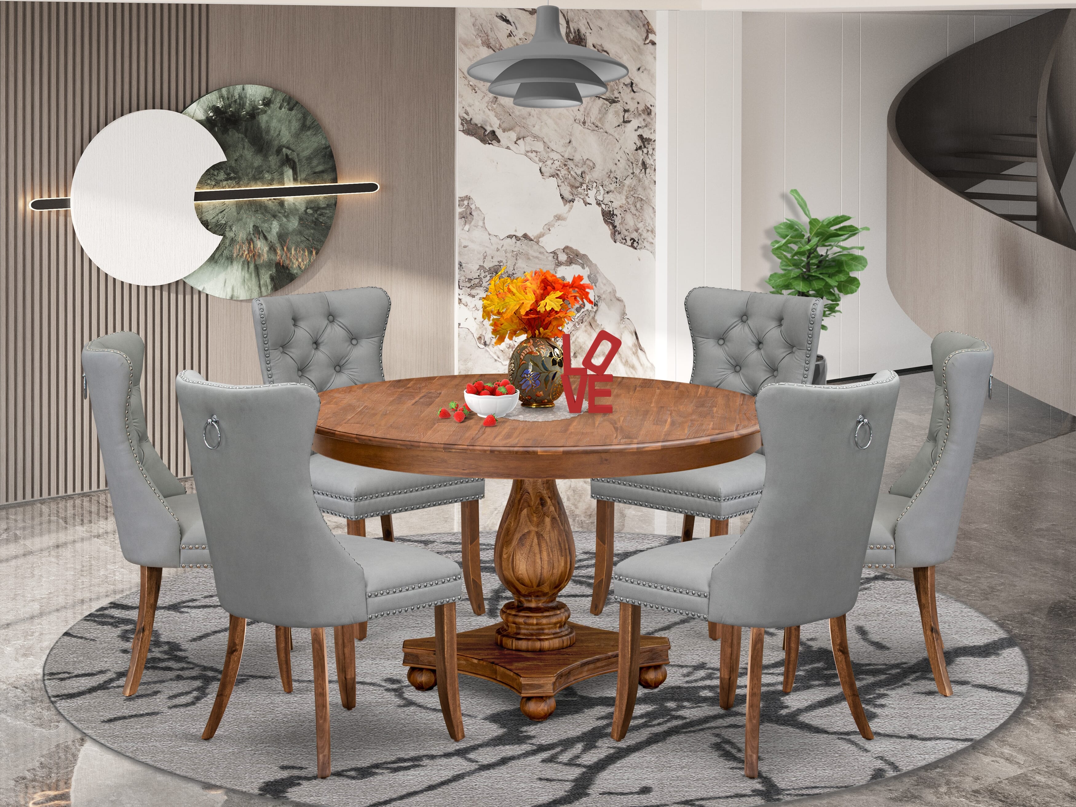 Luxe by East West Furniture F2DA7-50N-27 7-Pc Modern Dining Set Contain a Modern Table and 6 Light Gray Faux Leather Upholstered Chairs with Button-Tufted Back, Antique Walnut