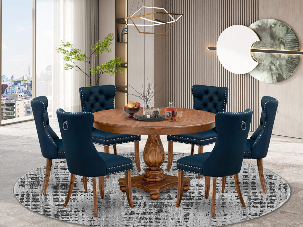 Luxe by East West Furniture F2DA7-50N-29 7-Pc Kitchen Dining Table Set Contain a Mid Century Table and 6 Navy Blue Faux Leather Chairs with Button-Tufted Back, Antique Walnut