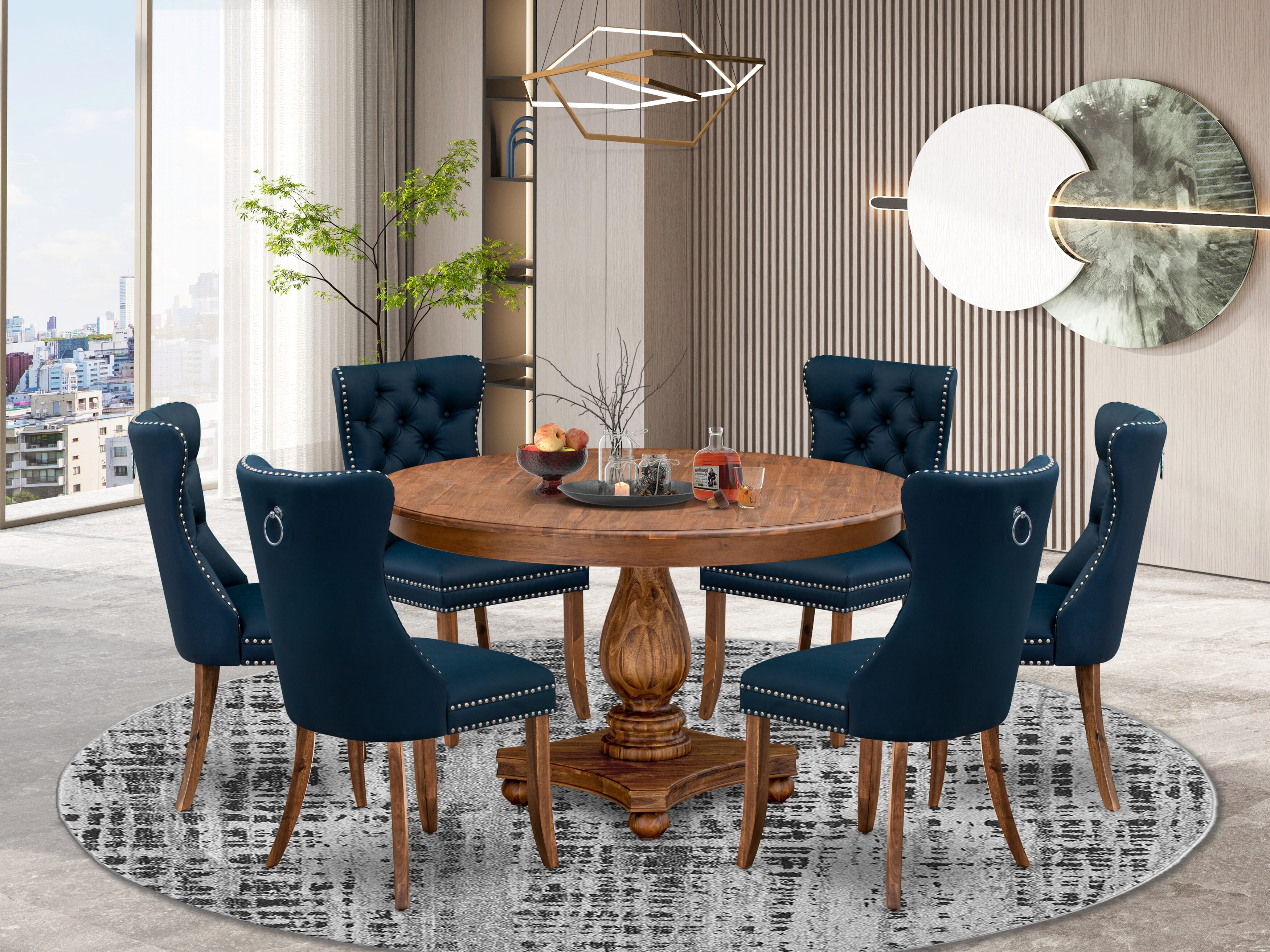Luxe by East West Furniture F2DA7-50N-29 7-Pc Kitchen Dining Table Set Contain a Mid Century Table and 6 Navy Blue Faux Leather Chairs with Button-Tufted Back, Antique Walnut
