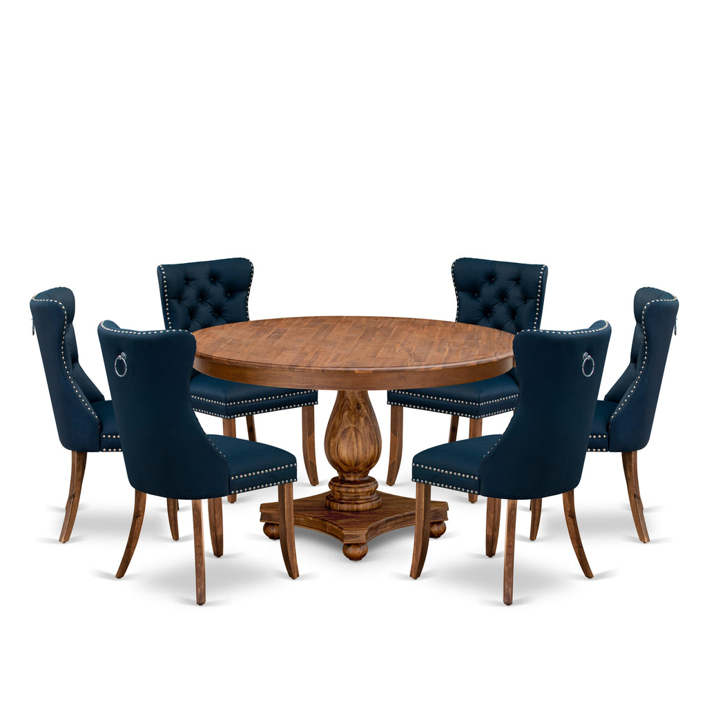 Luxe by East West Furniture F2DA7-50N-29 7-Pc Kitchen Dining Table Set Contain a Mid Century Table and 6 Navy Blue Faux Leather Chairs with Button-Tufted Back, Antique Walnut