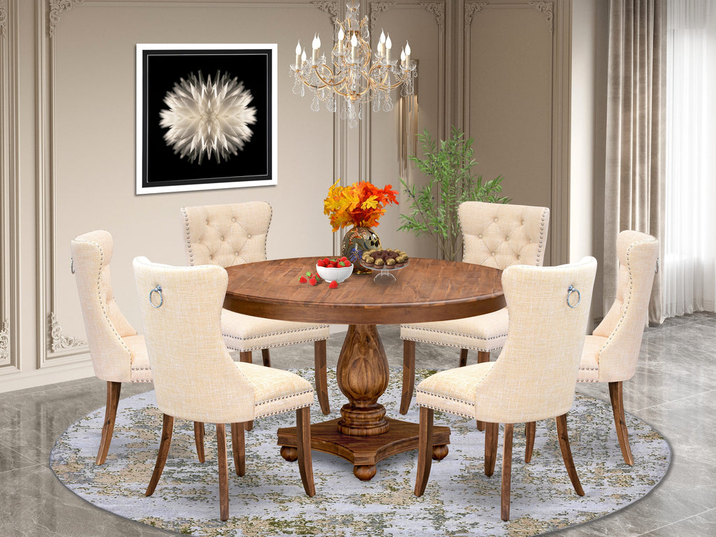 Luxe by East West Furniture F2DA7-50N-32 7-Piece Dining Table Set with Linen Fabric 6 Light Beige Kitchen chairs, Button-Tufted Backs, and a 54"Round Table in Antique Walnut Finish.