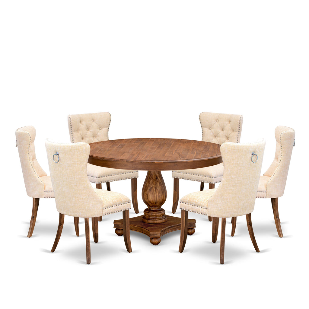 Luxe by East West Furniture F2DA7-50N-32 7-Piece Dining Table Set with Linen Fabric 6 Light Beige Kitchen chairs, Button-Tufted Backs, and a 54"Round Table in Antique Walnut Finish.