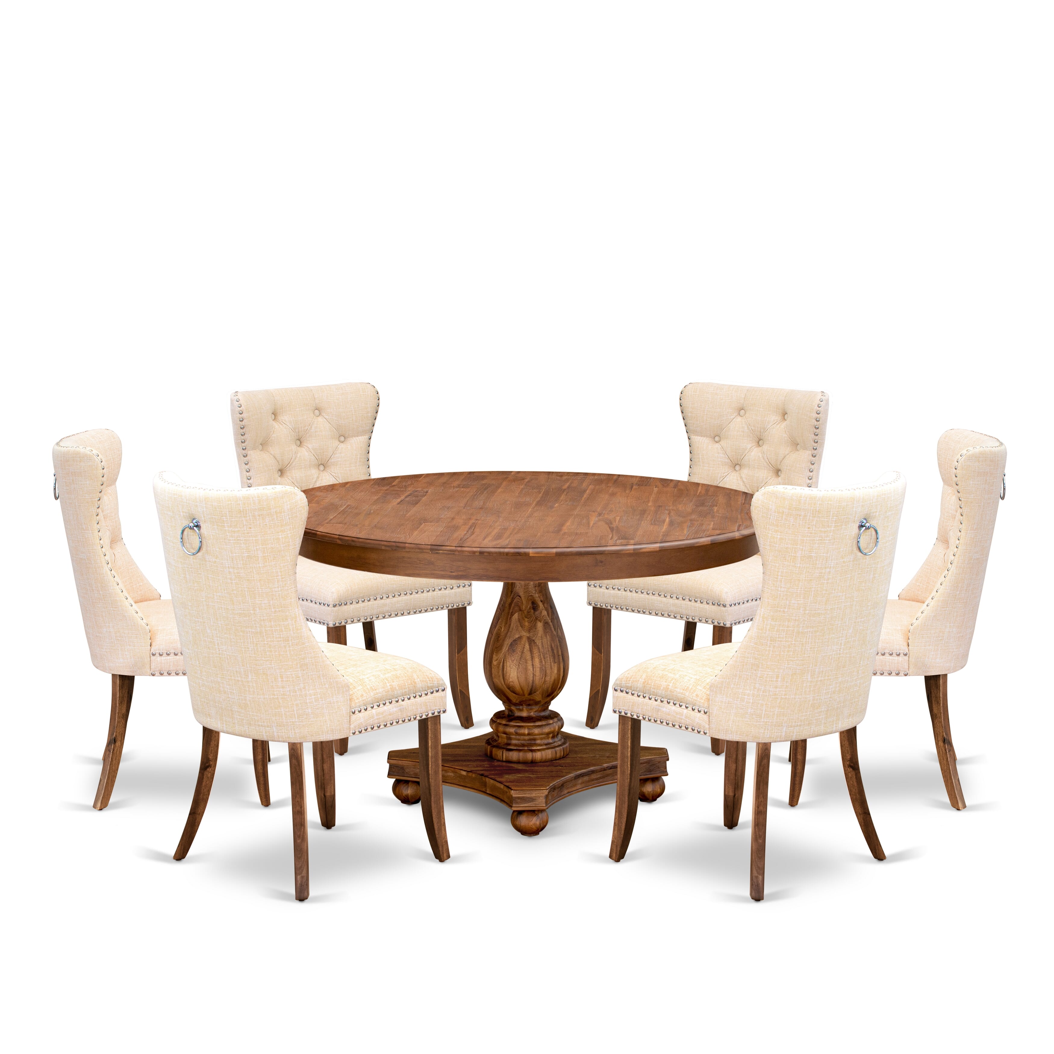 Luxe by East West Furniture F2DA7-50N-32 7-Piece Dining Table Set with Linen Fabric 6 Light Beige Kitchen chairs, Button-Tufted Backs, and a 54"Round Table in Antique Walnut Finish.