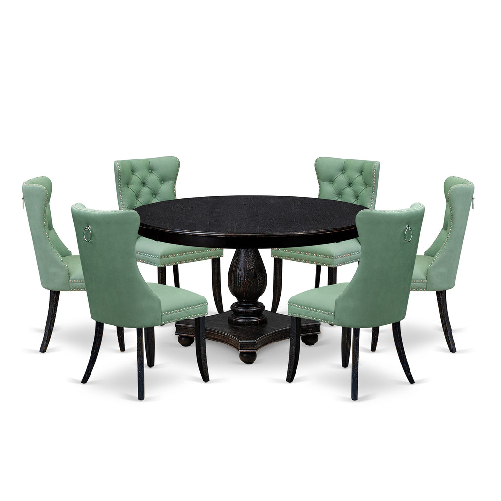 Luxe by East West Furniture F2DA7-511-22 7 Piece Dinette Set Contains a 54" Round Table with Pedestal and 6 Willow Green Faux Leather Upholstered Chairs, Sand Blasted Black