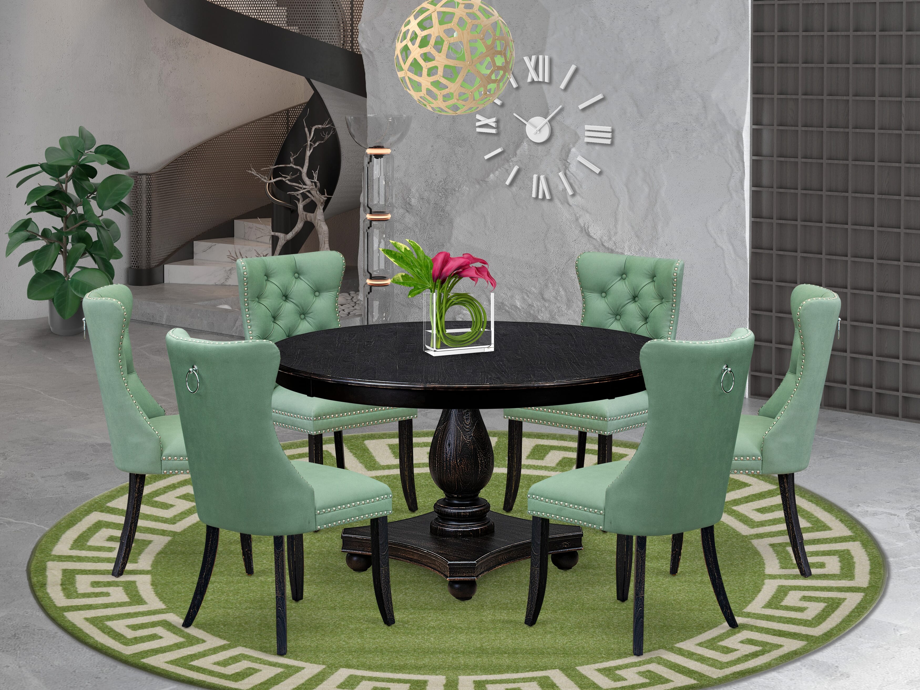 Luxe by East West Furniture F2DA7-511-22 7 Piece Dinette Set Contains a 54" Round Table with Pedestal and 6 Willow Green Faux Leather Upholstered Chairs, Sand Blasted Black