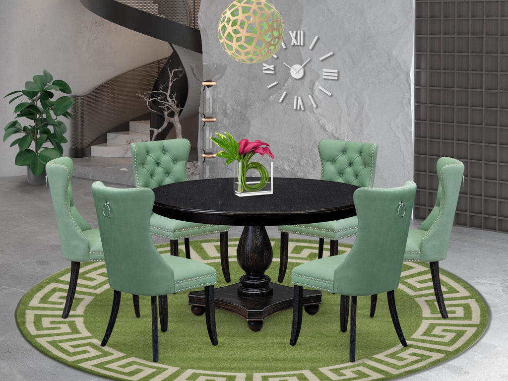 Luxe by East West Furniture F2DA7-511-22 7 Piece Dinette Set Contains a 54" Round Table with Pedestal and 6 Willow Green Faux Leather Upholstered Chairs, Sand Blasted Black
