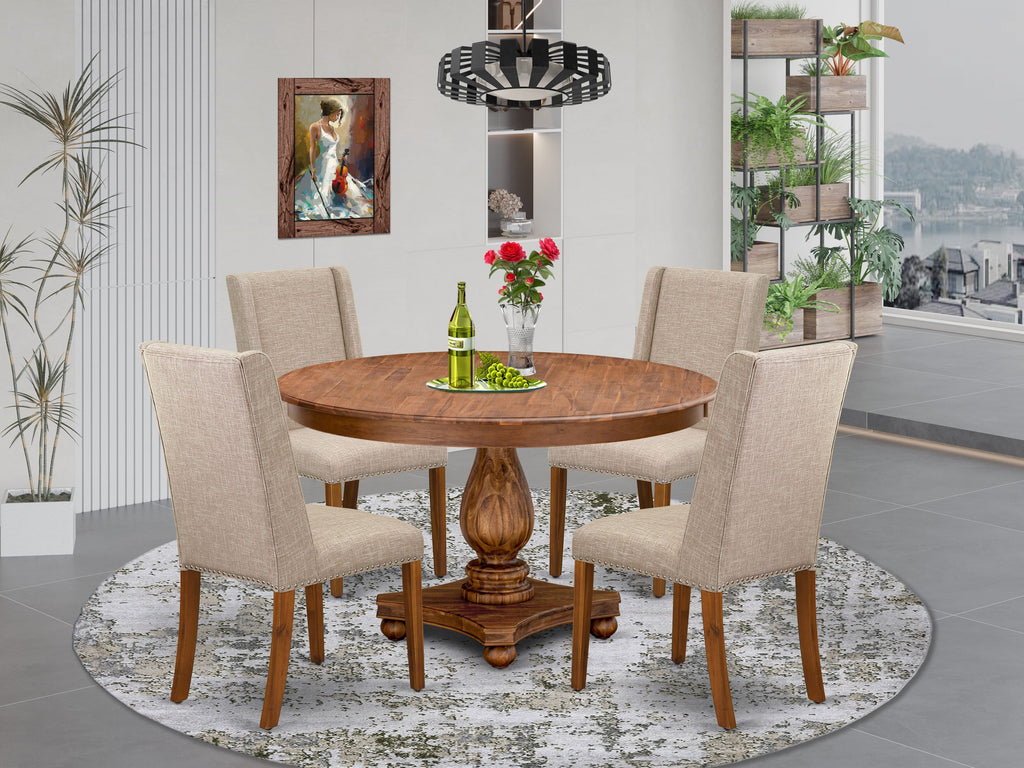 Luxe by East West Furniture F2FL5-50N-04 5-piece Dining Table Set consists of a mid century table and 4 Light Tan Linen Fabric dinner chairs with Padded Back - Antique Walnut