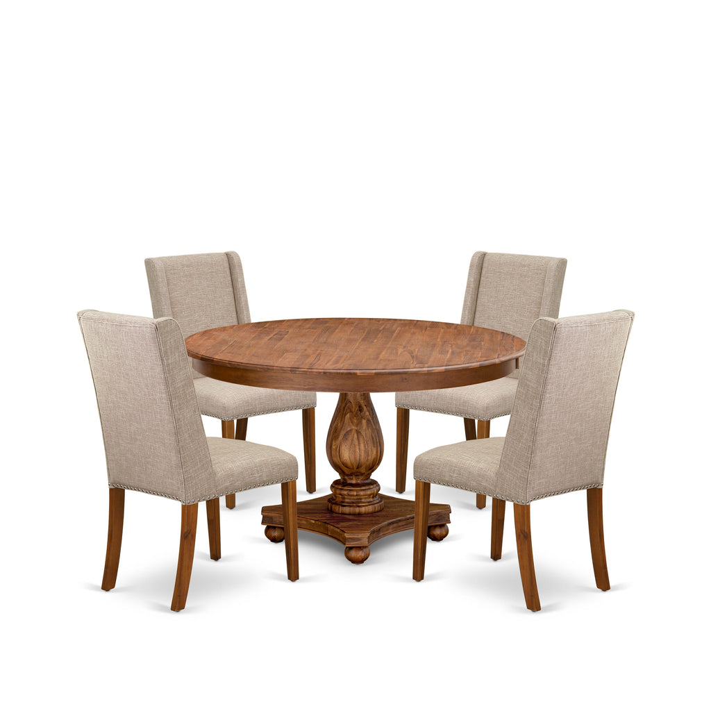 Luxe by East West Furniture F2FL5-50N-04 5-piece Dining Table Set consists of a mid century table and 4 Light Tan Linen Fabric dinner chairs with Padded Back - Antique Walnut