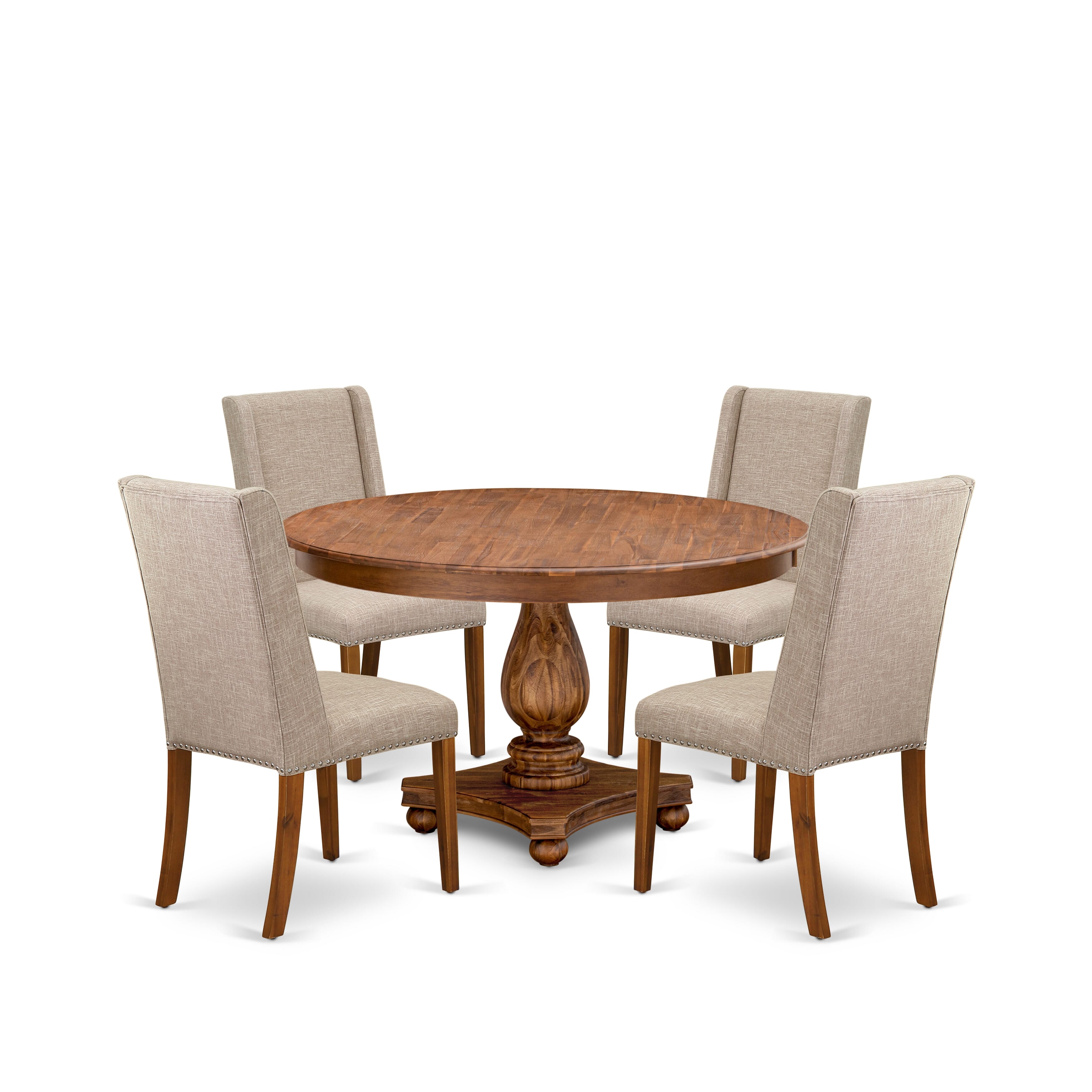 Luxe by East West Furniture F2FL5-50N-04 5-piece Dining Table Set consists of a mid century table and 4 Light Tan Linen Fabric dinner chairs with Padded Back - Antique Walnut