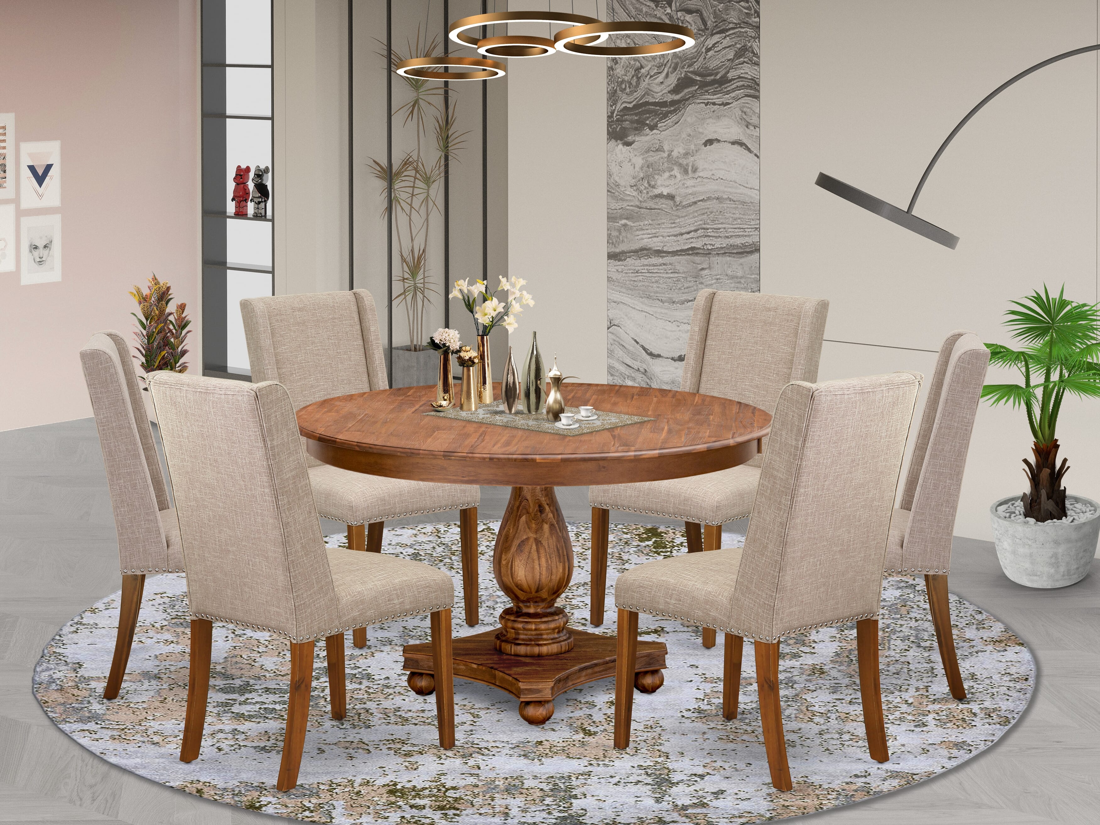 Luxe by East West Furniture F2FL7-50N-04 7-piece Dining Table Set contains a wooden dining table and 6 Light Tan Linen Fabric parsons chair with Padded Back - Antique Walnut