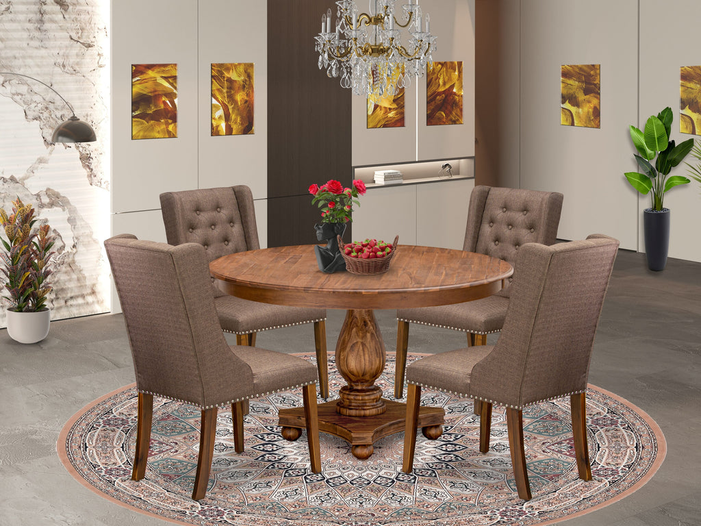 Luxe by East West Furniture - F2FO5-50N-18 - 5-Pc Mid Century Table Set Includes A Modern Dining Table and 4 Brown Linen Fabric Chairs with Button Tufted Back, Antique Walnut