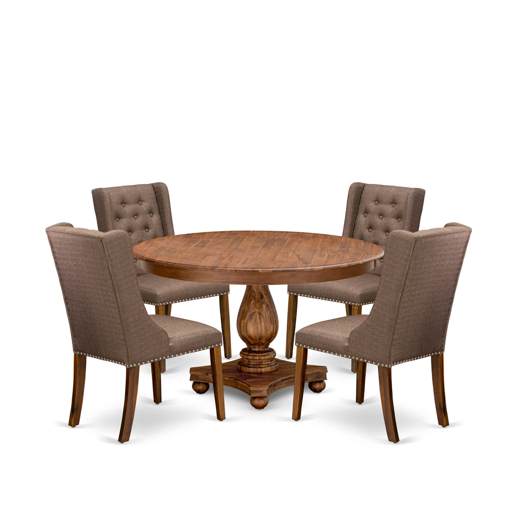 Luxe by East West Furniture - F2FO5-50N-18 - 5-Pc Mid Century Table Set Includes A Modern Dining Table and 4 Brown Linen Fabric Chairs with Button Tufted Back, Antique Walnut